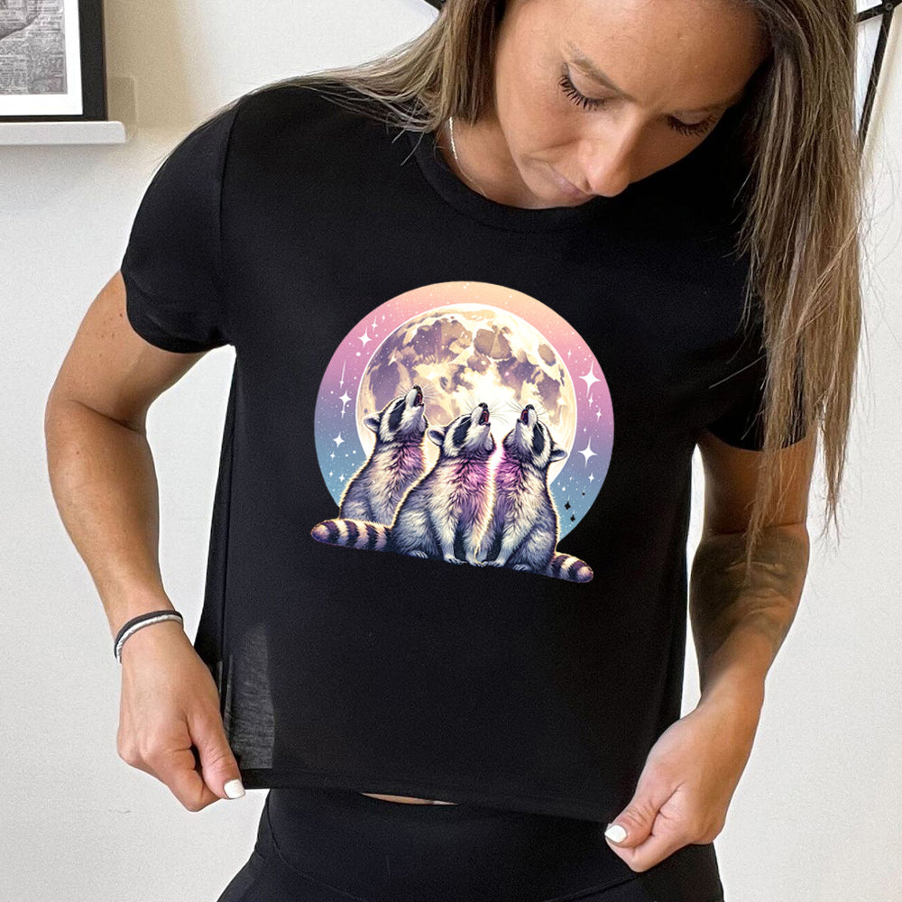 Raccoon Moon Graphic Cropped T-Shirt for Women - Trendy Casual Streetwear Top for Summer Outfits & Music Festivals