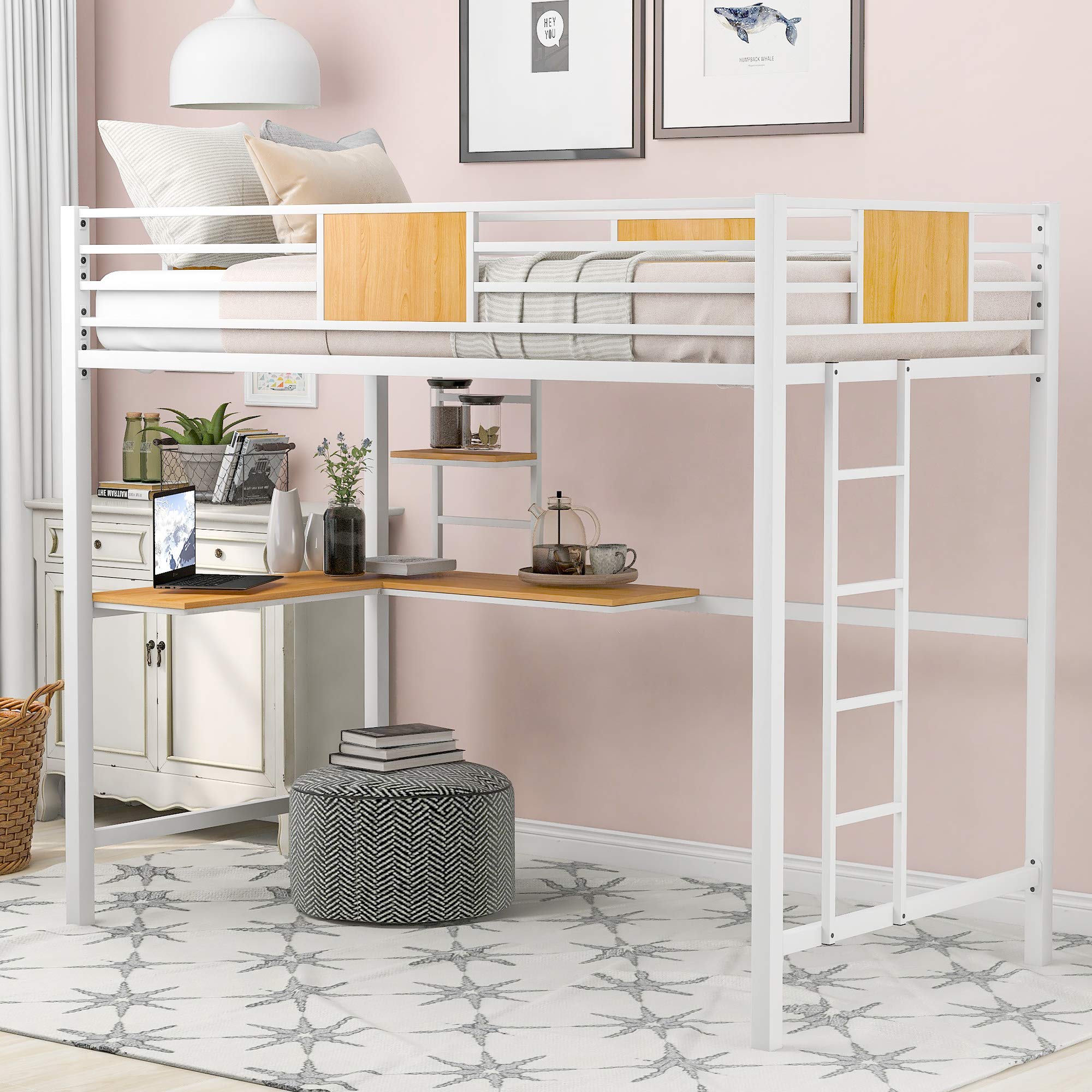 Kteam Twin Metal Loft Bed with Desk, Shelves & Ladder - Multifunctional Space-Saving Loft Bed Frame for Office, Study or Gaming - No Box Spring Required (White) - Perfect for Small Bedrooms, Dorms & Kids Rooms