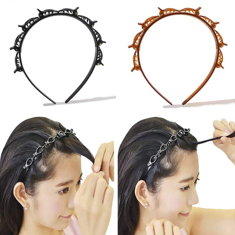 Women's Thin Plastic Headbands with Clips - Fashion Braided Double Layer Twist Hair Bands for Girls, Workout Hairstyle Hairpins | Perfect for Gym, Yoga, Running & Everyday Style