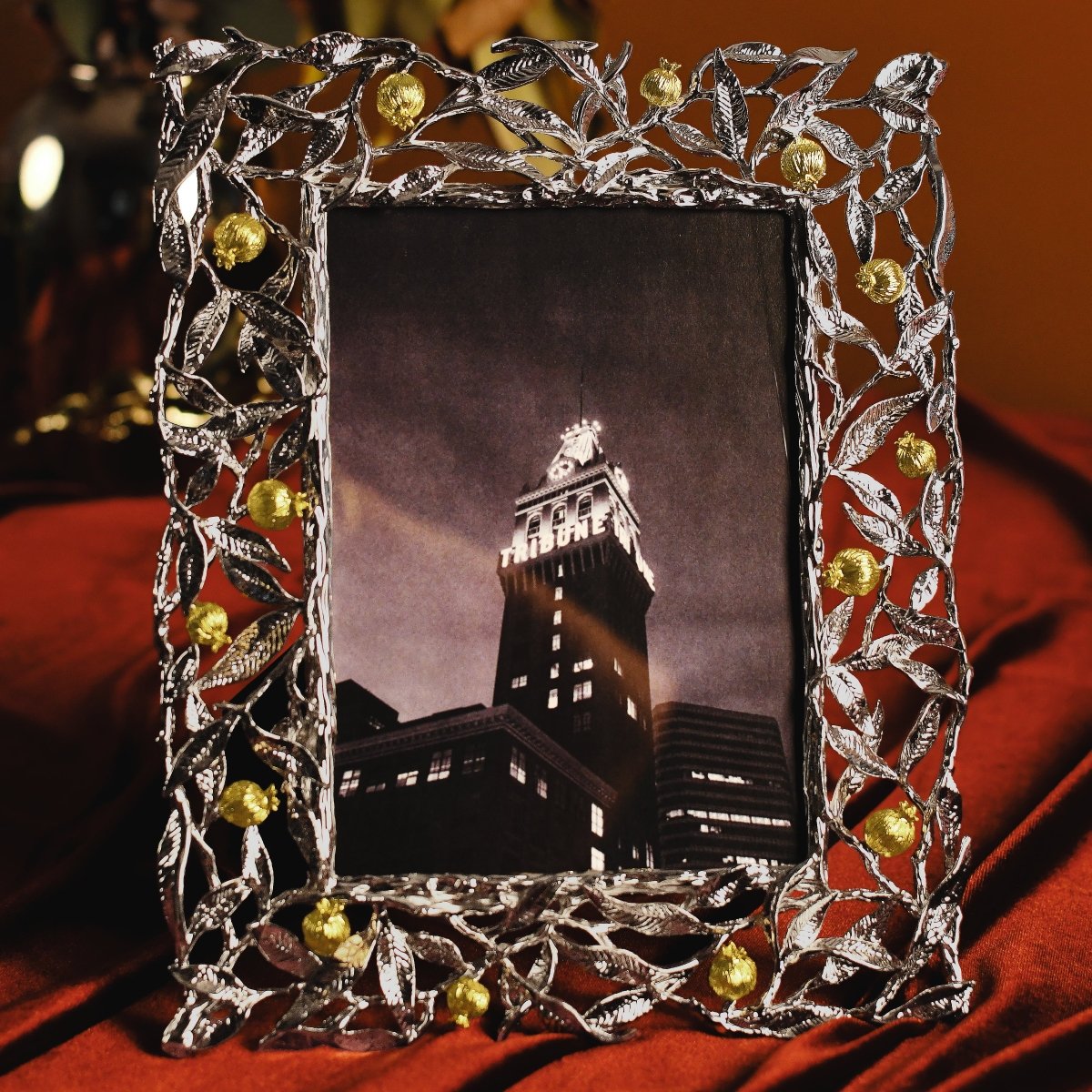 Elegant Pomegranate Silver & Gold 5x7 Photo Frame - Perfect for Wedding, Anniversary & Home Decor Gifts