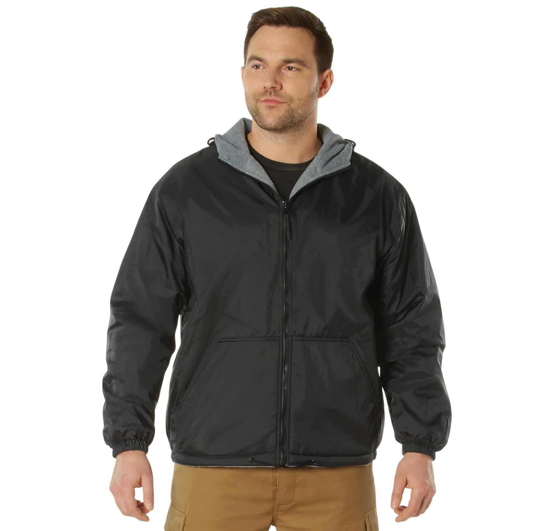 Rothco Reversible Fleece Lined Nylon Jacket with Hood - Lightweight Waterproof Windbreaker for Outdoor Hiking, Camping & Winter Activities