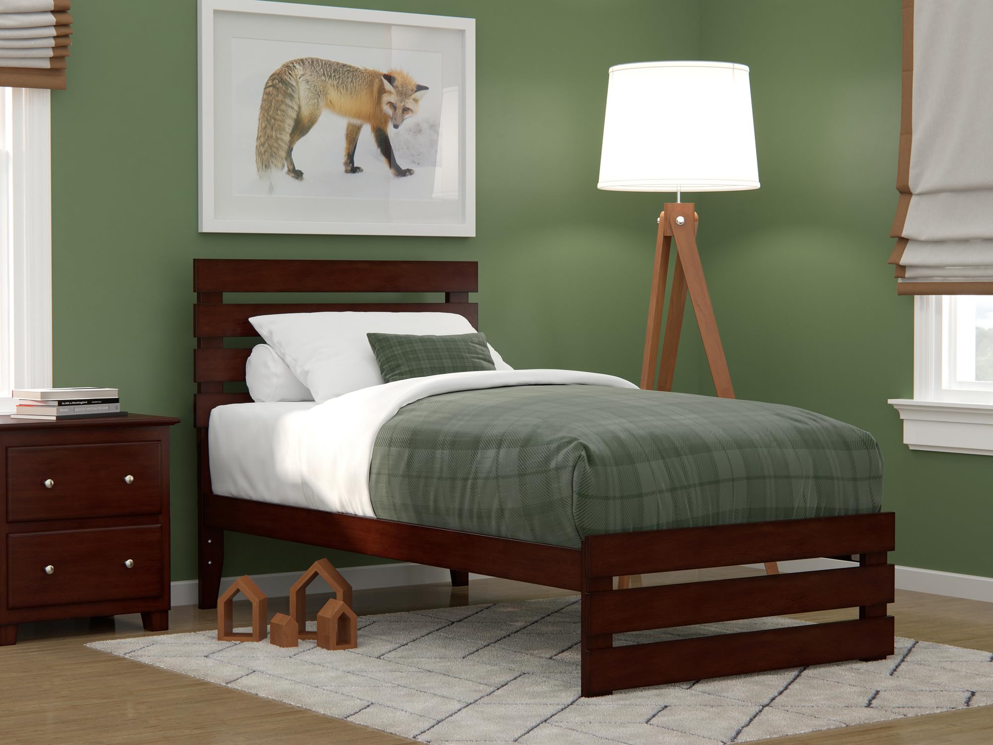 AFI Oxford Twin Size Platform Bed with Footboard & USB Charging Station - Walnut Finish - Space-Saving Bedroom Furniture for Teens, Dorms & Small Apartments