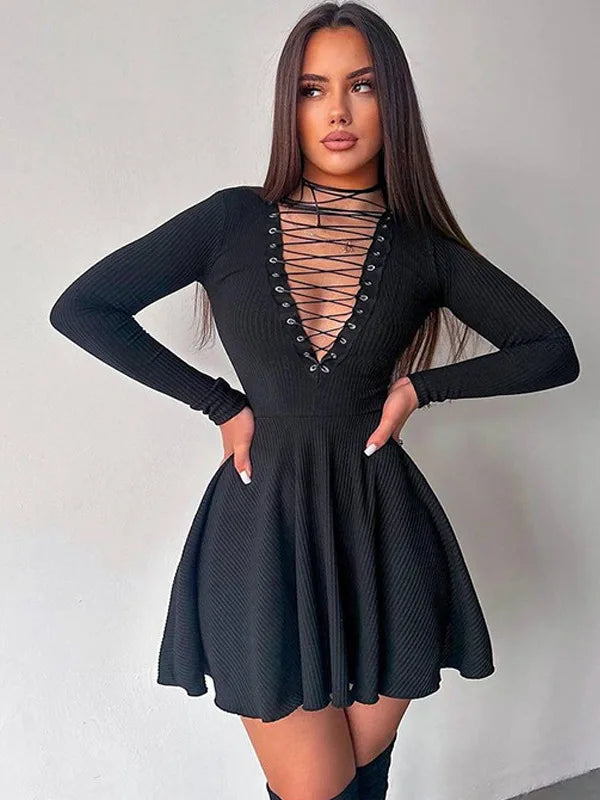 Sexy Deep V Neck Long Sleeve Lace Up Waist Wrap Dress for Women - Elegant Hollow Out Evening Party Dress for Fall Winter - Perfect for Cocktail Parties, Date Nights & Formal Occasions