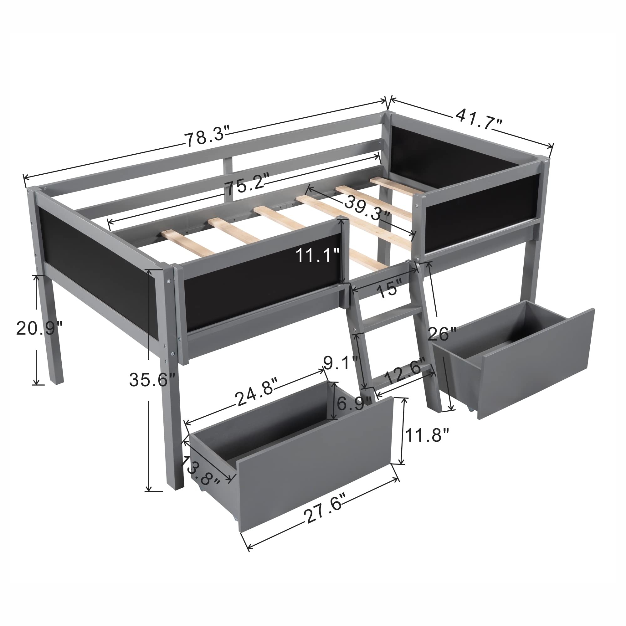 Wooden Twin Loft Bed for Kids with 2 Movable Drawers, Ladder & Chalkboard Guardrail - Space-Saving Gray Bedroom Furniture for Boys & Girls | Perfect for Small Rooms, Dormitories & Kids' Shared Bedrooms