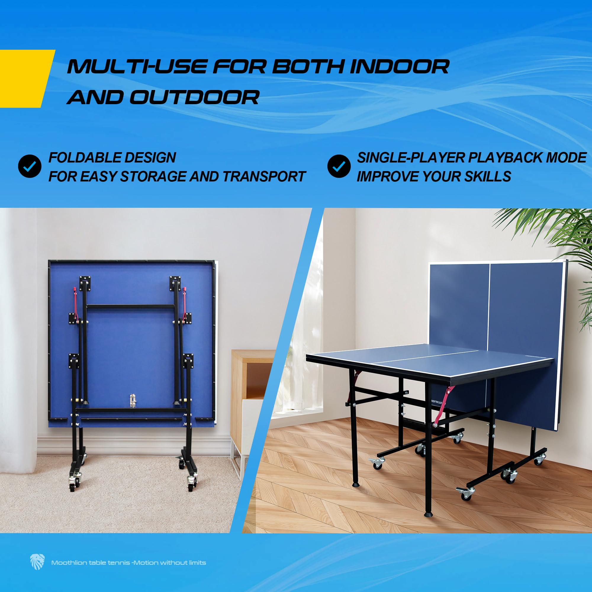 Mid-Size Foldable Indoor Outdoor Table Tennis Table with Quick Clamp Ping Pong Net & Post Set - Black & Blue - Perfect for Home, Office, and Recreational Use