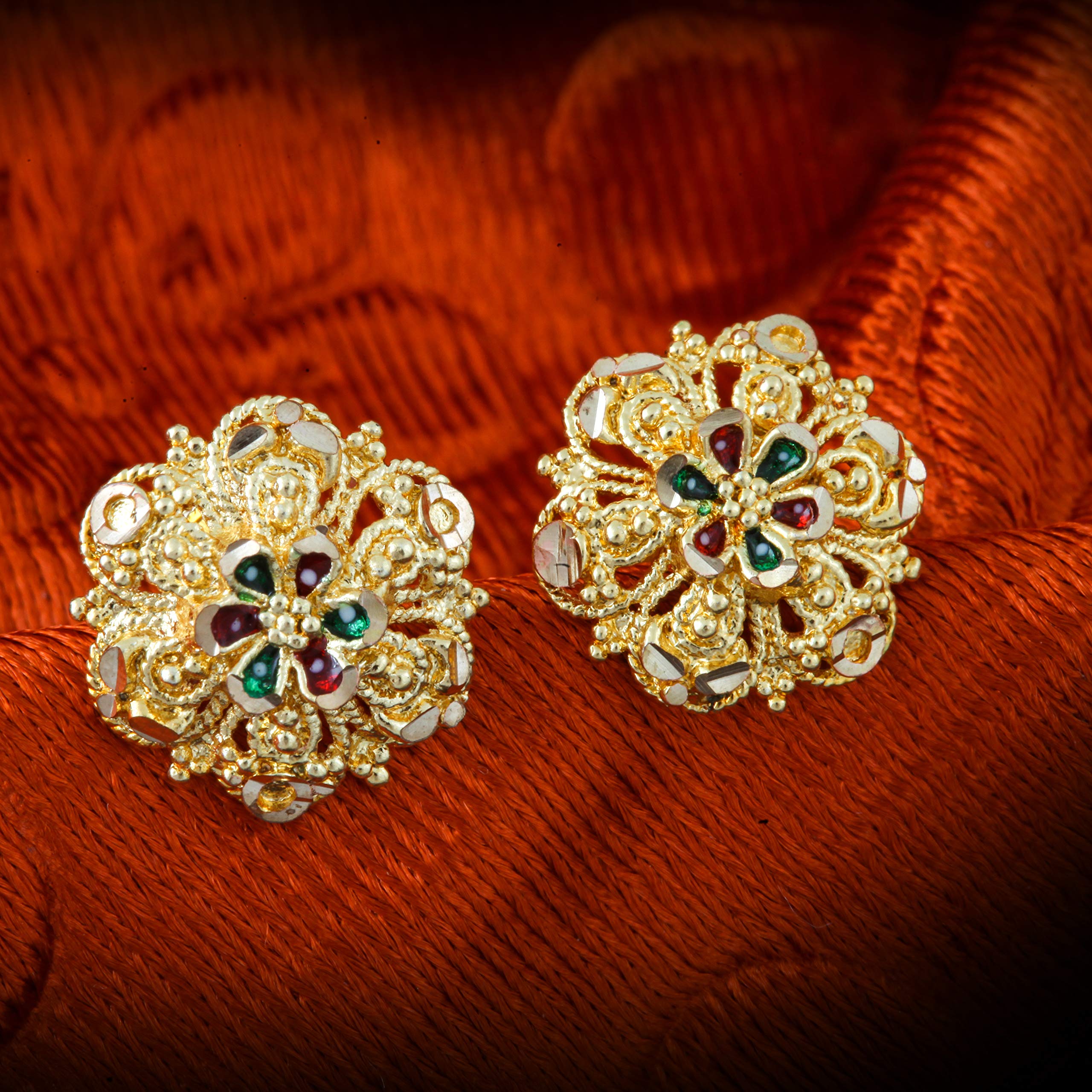 MEENAZ 18k Gold Plated Ruby Meenakari Stud Earrings for Women - Traditional South Indian Temple Jewelry Set with Screw Back Hoops & Bali Designs - Perfect for Weddings, Festivals & Ethnic Fashion