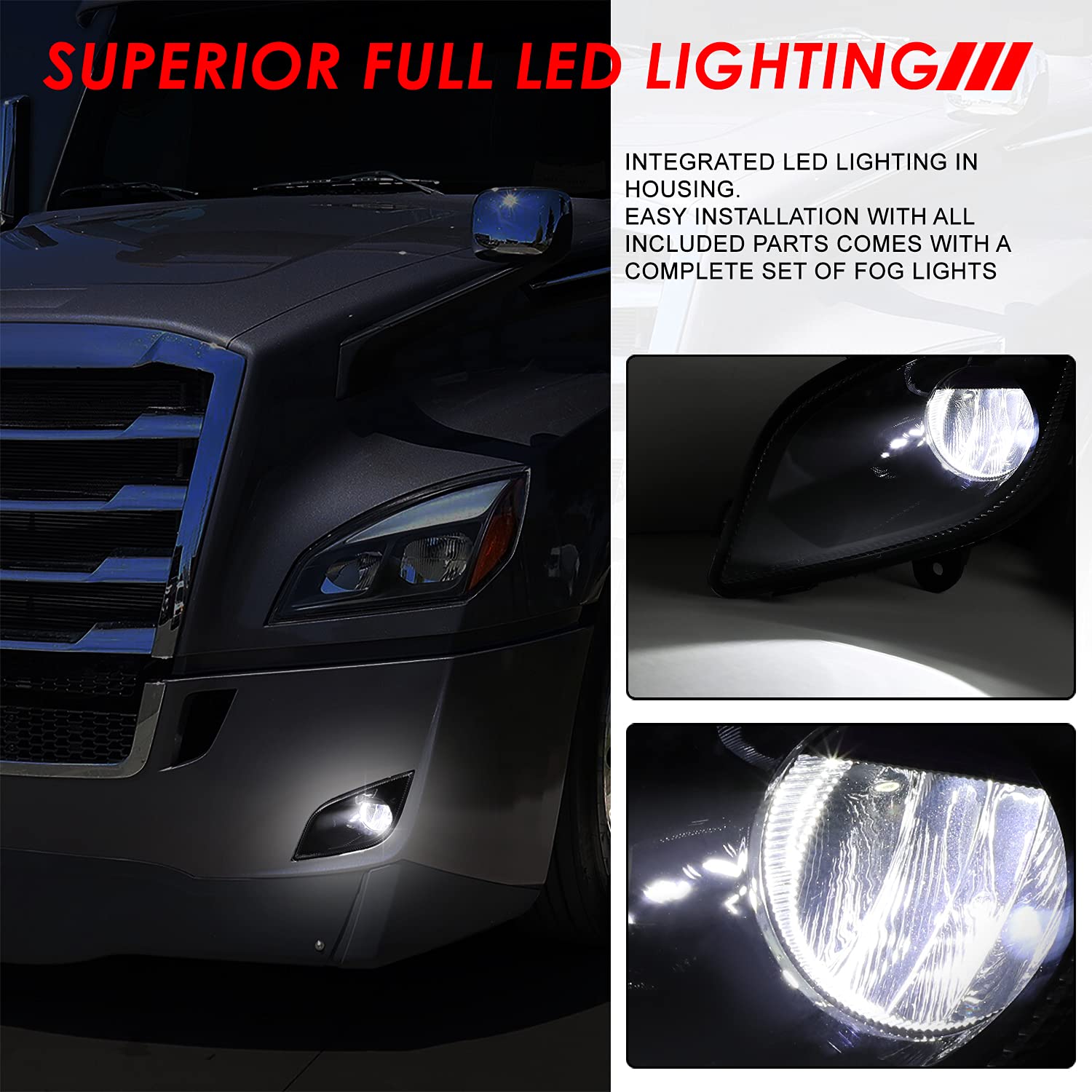 Auto Dynasty High Power LED Front Bumper Driving Fog Lights - Compatible with Freightliner Cascadia 2018-2024 (Driver & Passenger Side, Black Housing) - Durable Fog Lamps for Truck Safety & Night Driving Visibility