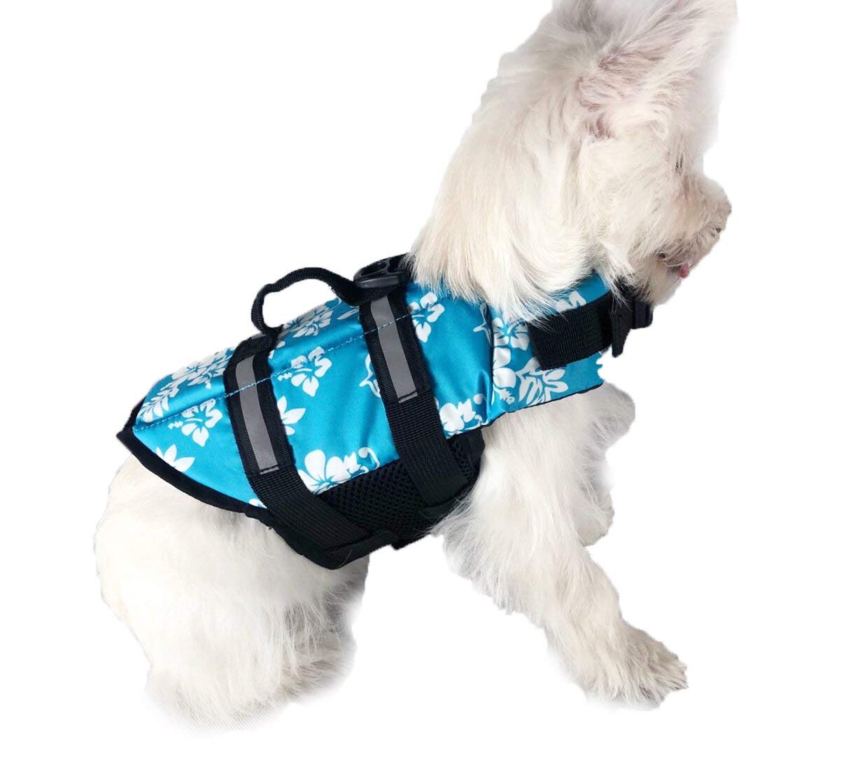 GabeFish Dog Life Jacket - Reflective Safety Vest with Harness for Small Dogs, Pet Swimming Preserver for Pool, Beach & Boating (X-Small, Foral Blue)