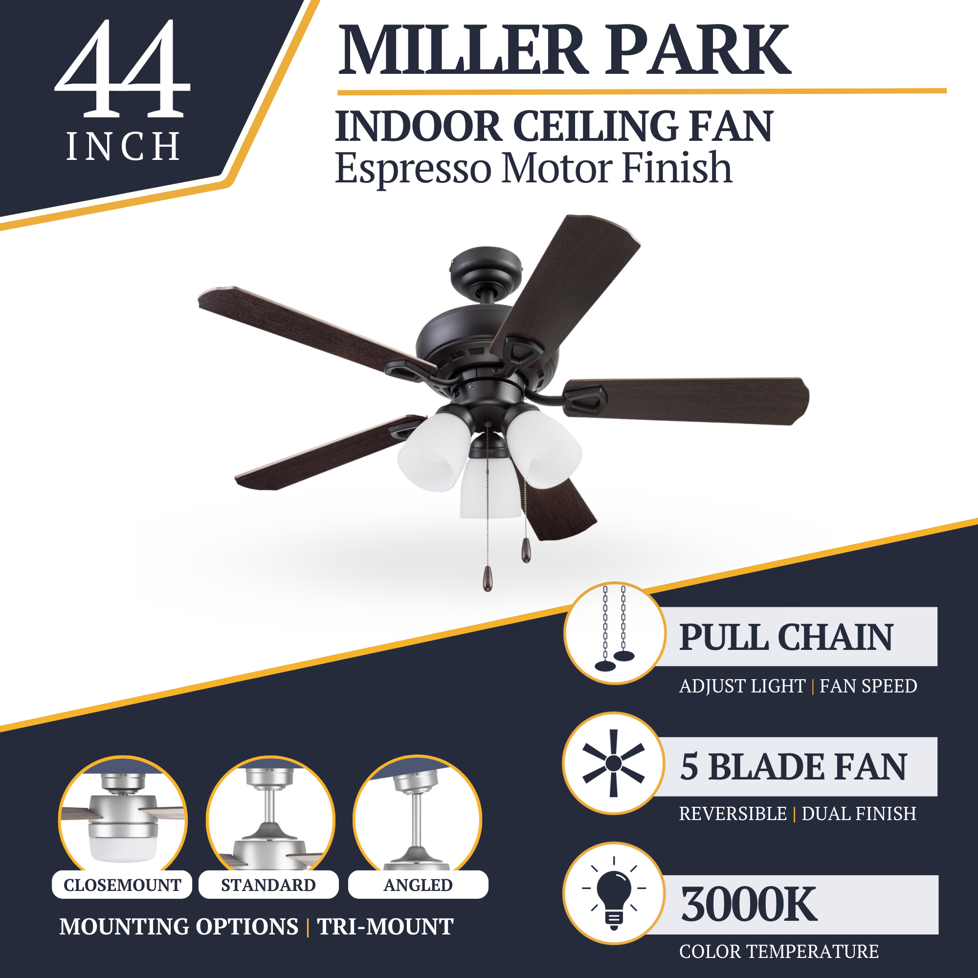 44 Inch Miller Park Ceiling Fan with Espresso Bronze Finish & Pull Chain - Perfect for Living Room, Bedroom, and Outdoor Patio Cooling