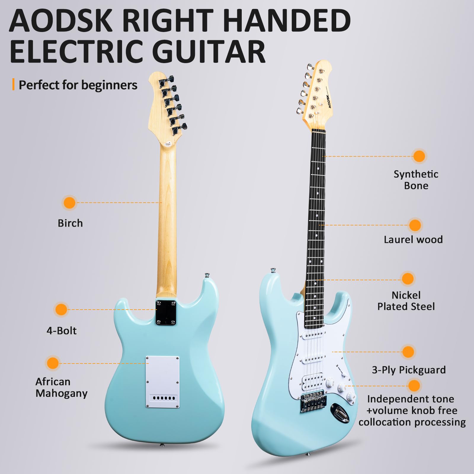 AODSK 39 Inch Full Size Electric Guitar Starter Kit with Amp, HSS Pickups, Digital Tuner, Tremolo Bar, Strap & Gig Bag - Perfect for Beginners, Practice & Live Performances (Blue)