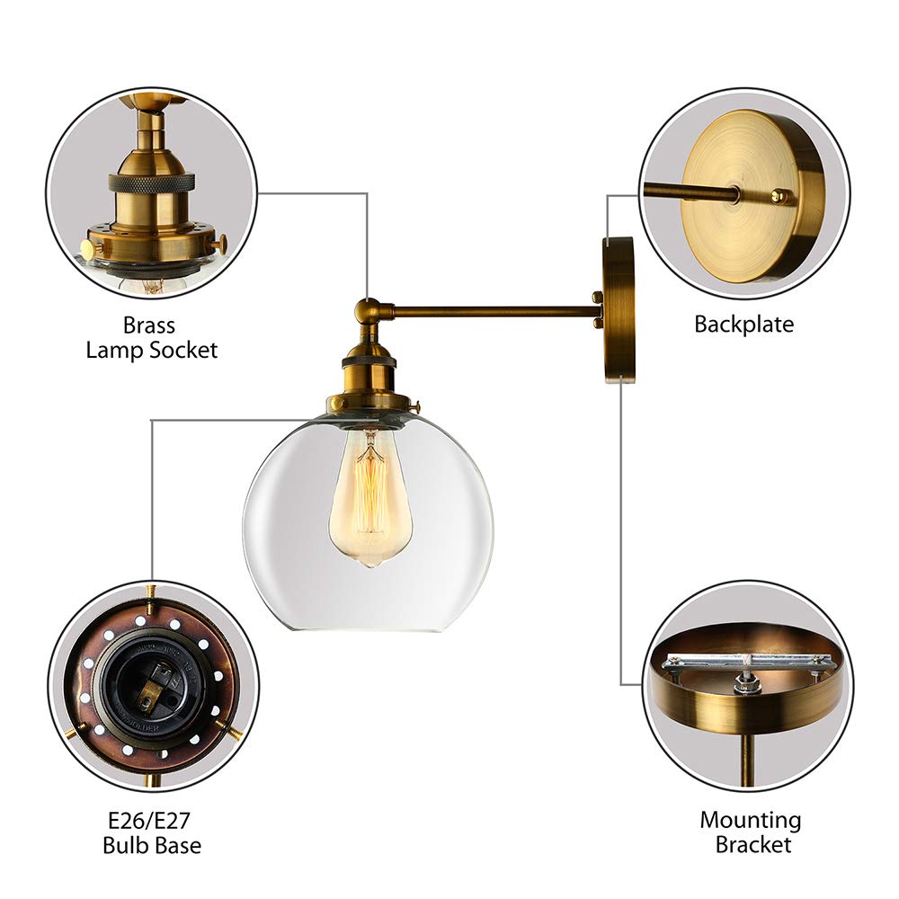 Industrial Single Light Glass Wall Sconce - LITFAD LED Edison Bulb Fixture with Antique Clear Glass Globe Shade for Bedroom, Living Room, Hallway & Restaurant Lighting Decor