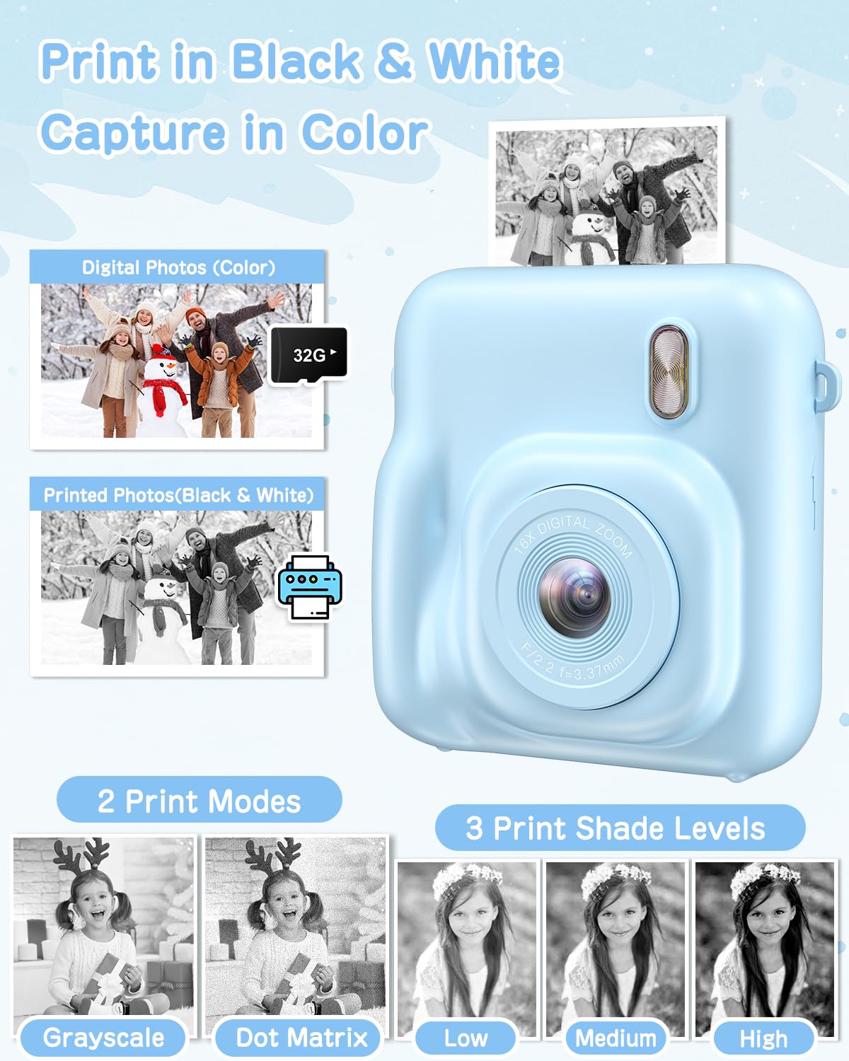 Instant Print Kids Camera - Dual-Lens 48MP Digital Camera with Selfie Function & 32GB Card | Christmas Birthday Gift for Boys Girls Ages 4-10 | Includes Print Paper | Fun Toddler Toy for Travel, Parties & Creative Play (Blue)