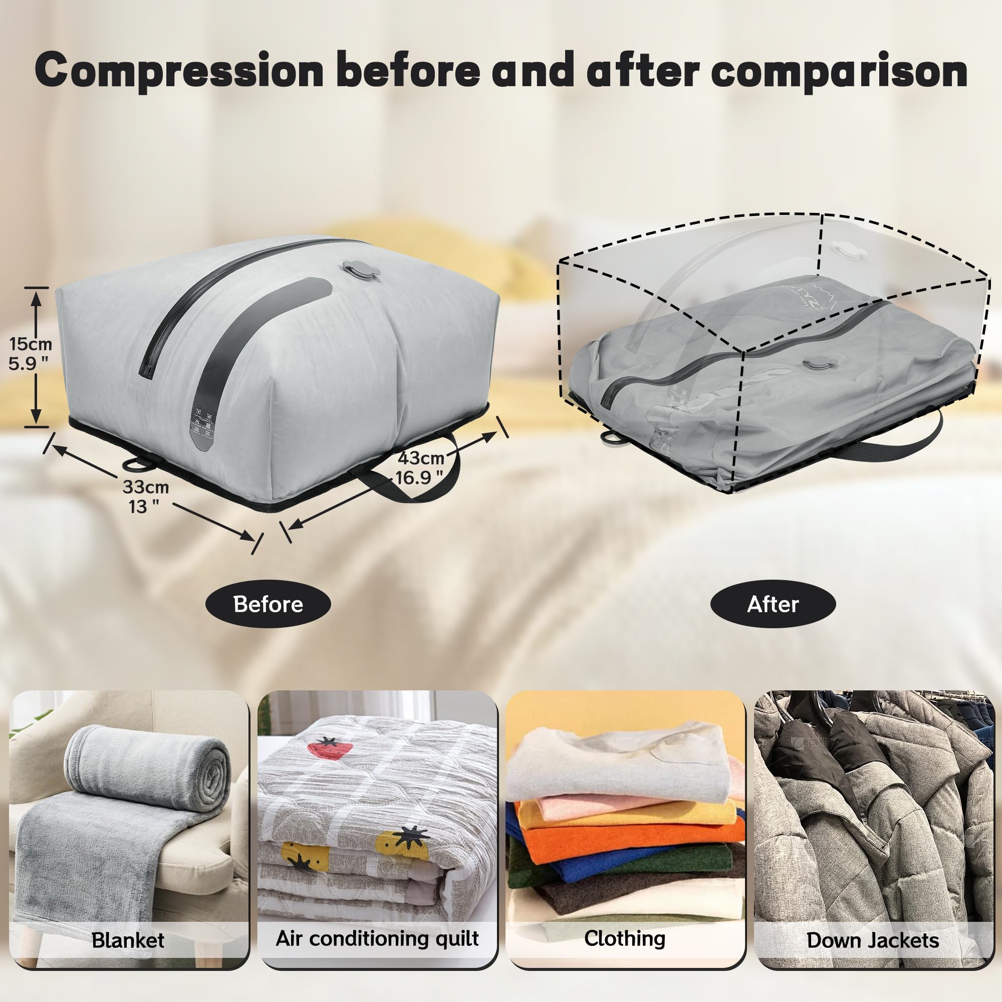 ONTYZZ Reusable Waterproof Travel Vacuum Compression Bags (2-Pack, Grey) - IP67 Waterproof Zipper, Space Saver for Suitcase & Luggage - Perfect for Travel, Moving & Closet Storage Organization