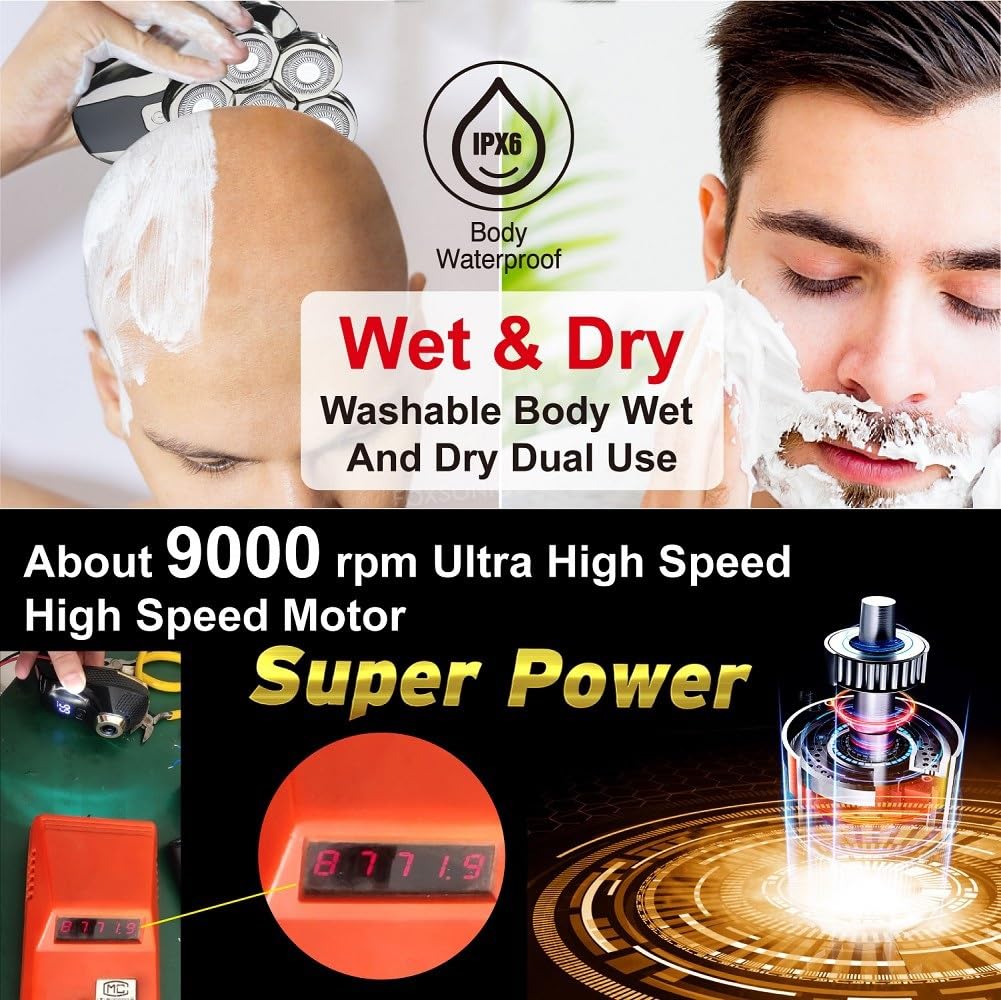5-in-1 Electric Head Shaver for Men - Wet/Dry Rechargeable Hair Trimmer with 7D Floating Blades & Clipper Attachment | Perfect for Bald Head Shaving, Beard Trimming & Body Grooming at Home or Travel