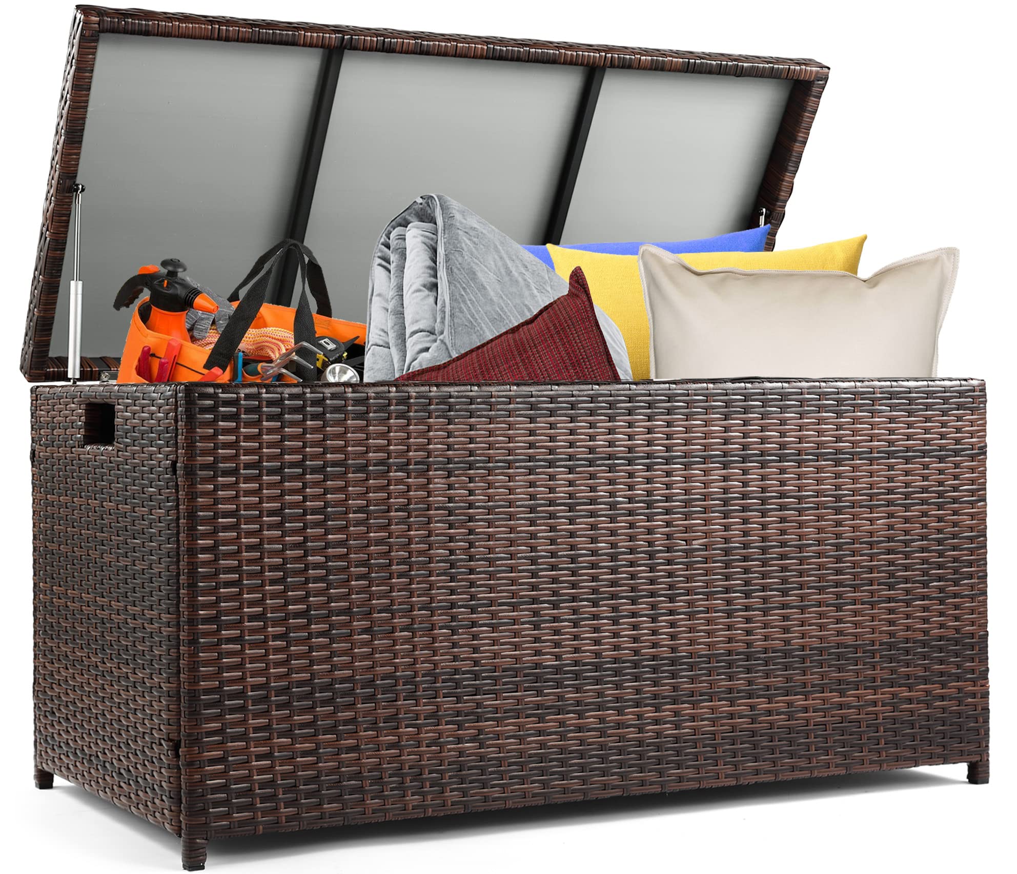 COSVALVE 130 Gallon Outdoor Deck Storage Box - Wicker Rattan Patio Furniture Container with Waterproof Cover - Perfect for Pool Toys, Garden Tools, Sports Equipment & Outdoor Cushions (Brown) | Ideal for Backyard, Poolside & Garden Organization