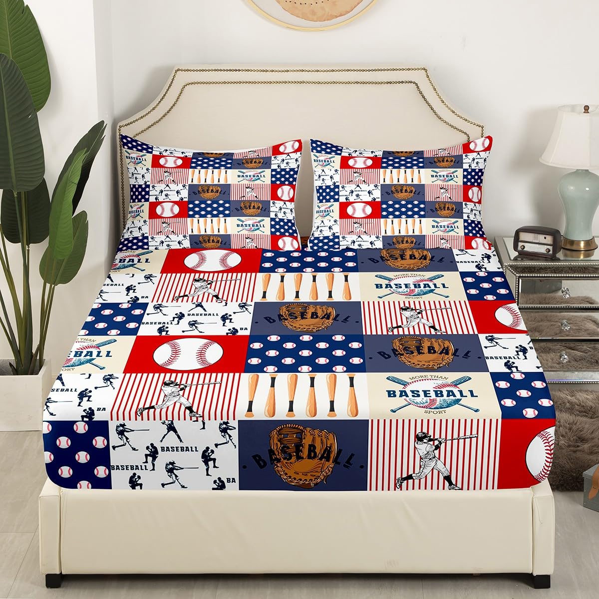Manfei Full Size Baseball Sports Theme Bedding Set - 4 Piece Plaid Fitted Sheet with Deep Pocket, Flat Sheet & 2 Pillowcases for Kids, Boys, Teens - Baseball Bat & Gloves Print | Perfect for Sports-Themed Bedrooms, Dorm Rooms & Gift Ideas