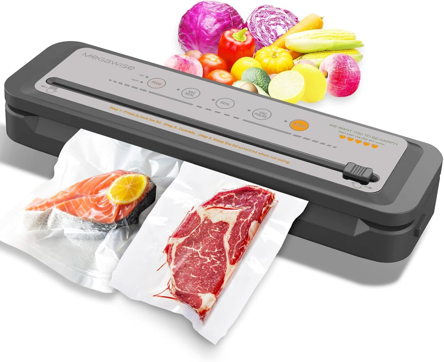 MEGAWISE 2023 Upgraded Food Vacuum Sealer Machine with Built-in Cutter - Preserve Freshness for Moist, Dry & Cold Foods (4 Food Types/3 Bag Sizes) | Ideal for Meal Prep, Sous Vide, Freezer Storage & Camping
