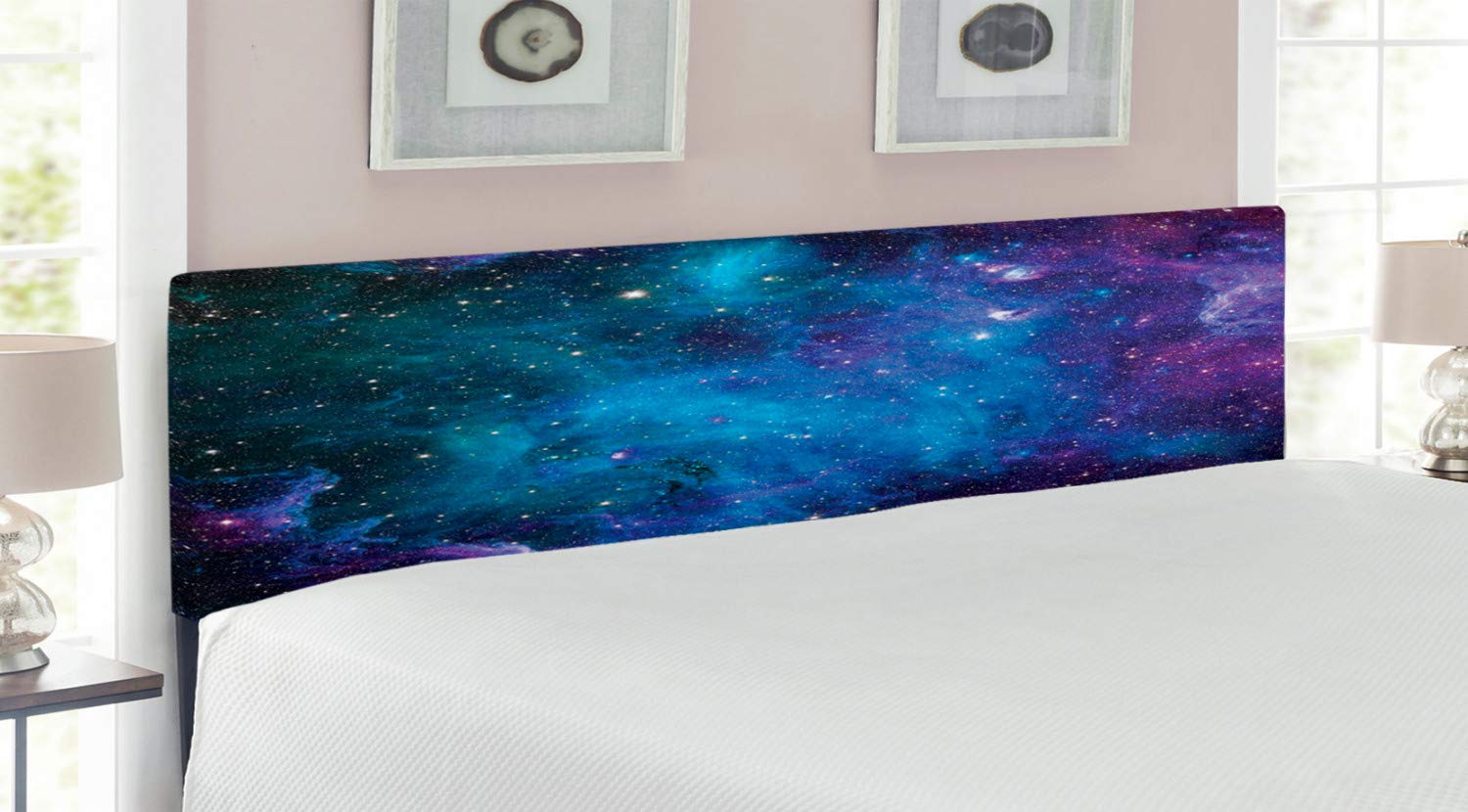 Ambesonne Galaxy & Stars Upholstered King Size Headboard - Navy Purple Space Themed Bed Headboard with Memory Foam for Bedroom Decor | Perfect for Astronomy Lovers & Modern Home Decor