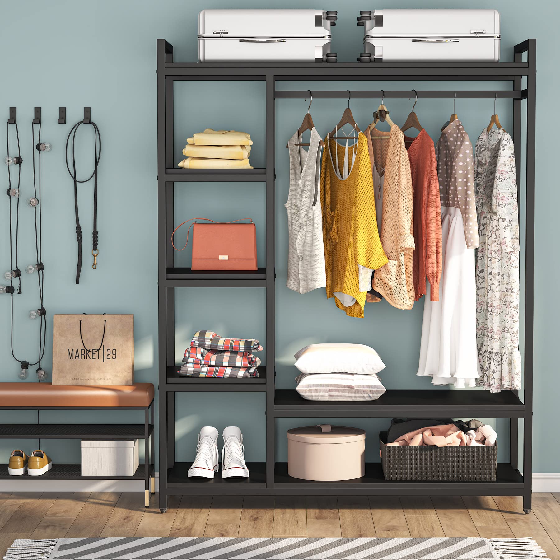 Free Standing Wood Closet Clothes Rack - Heavy Duty Garment Rack with Shelves, 350 lb Capacity - Bedroom Wardrobe Organizer for Hanging Clothes, Coats & Accessories - Perfect for Small Spaces, Dorm Rooms & Apartment Closets - Black