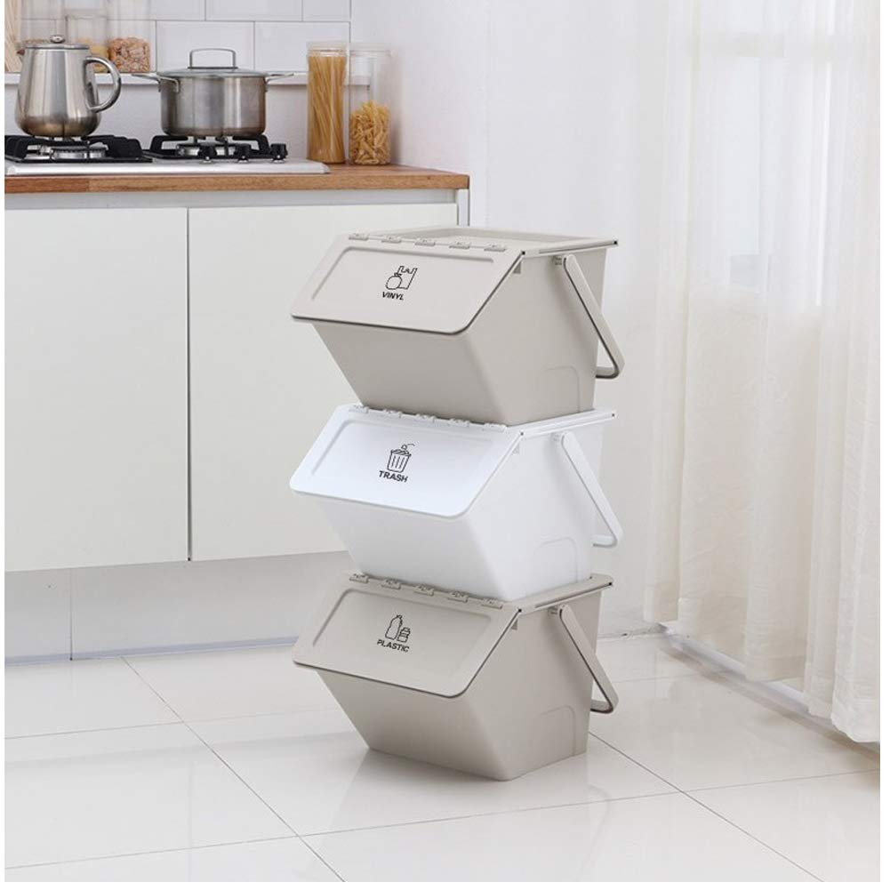 3 Pack Stackable Recycling Bins with Lids & Handles - Beige Organizer Containers for Trash, Toys & Tools - Includes Recycle Stickers - Perfect for Home, Office & Classroom Organization