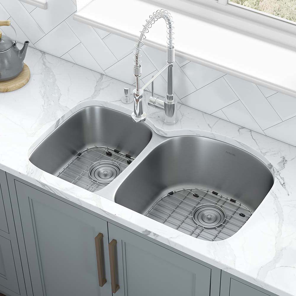 Ruvati RVM4605 34-Inch Undermount Double Bowl Kitchen Sink - 16 Gauge Stainless Steel for Modern Home & Restaurant Use