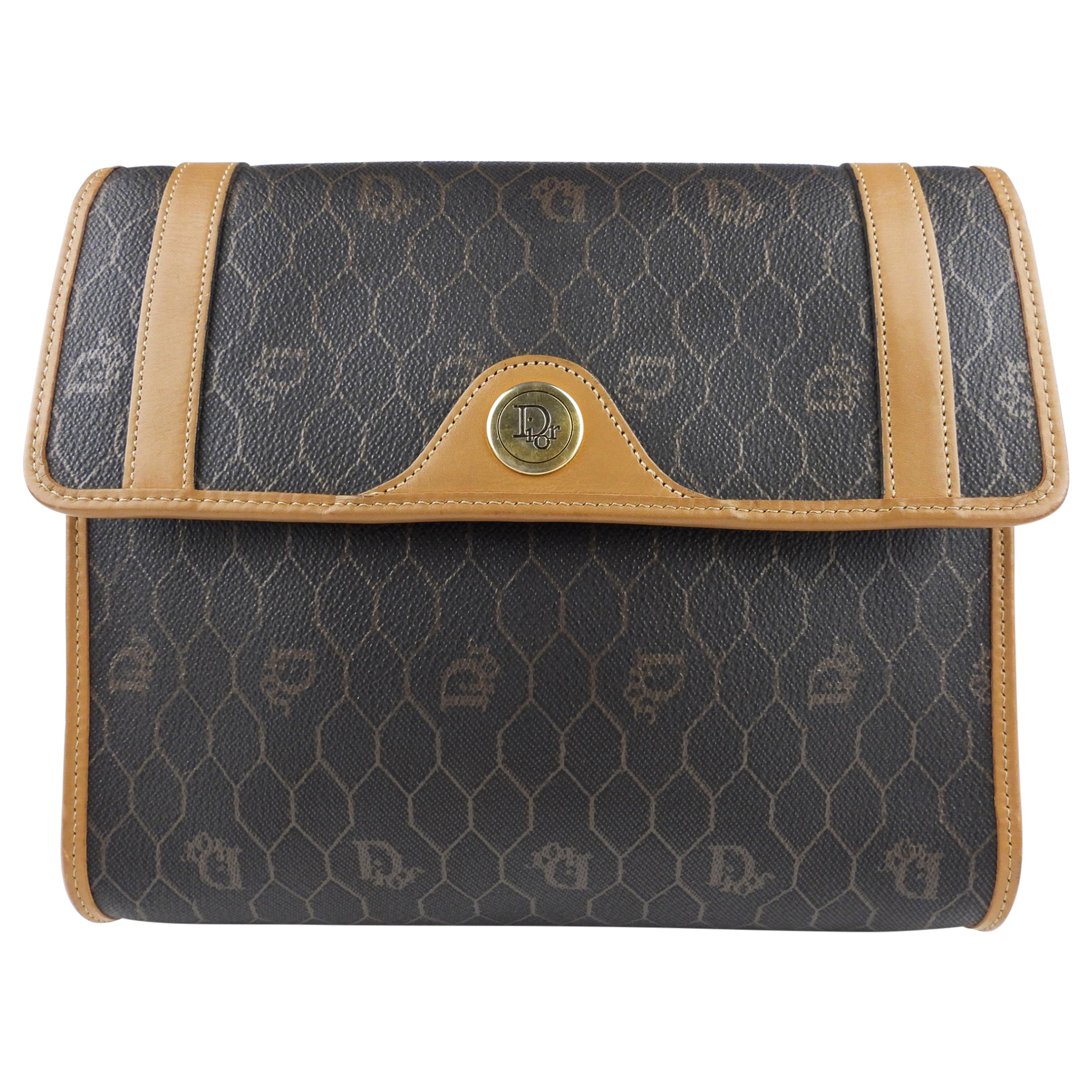 Vintage Christian Dior Brown Honeycomb Coated Canvas & Leather Shoulder Bag - Perfect for Work, Travel & Everyday Luxury Fashion Accessory