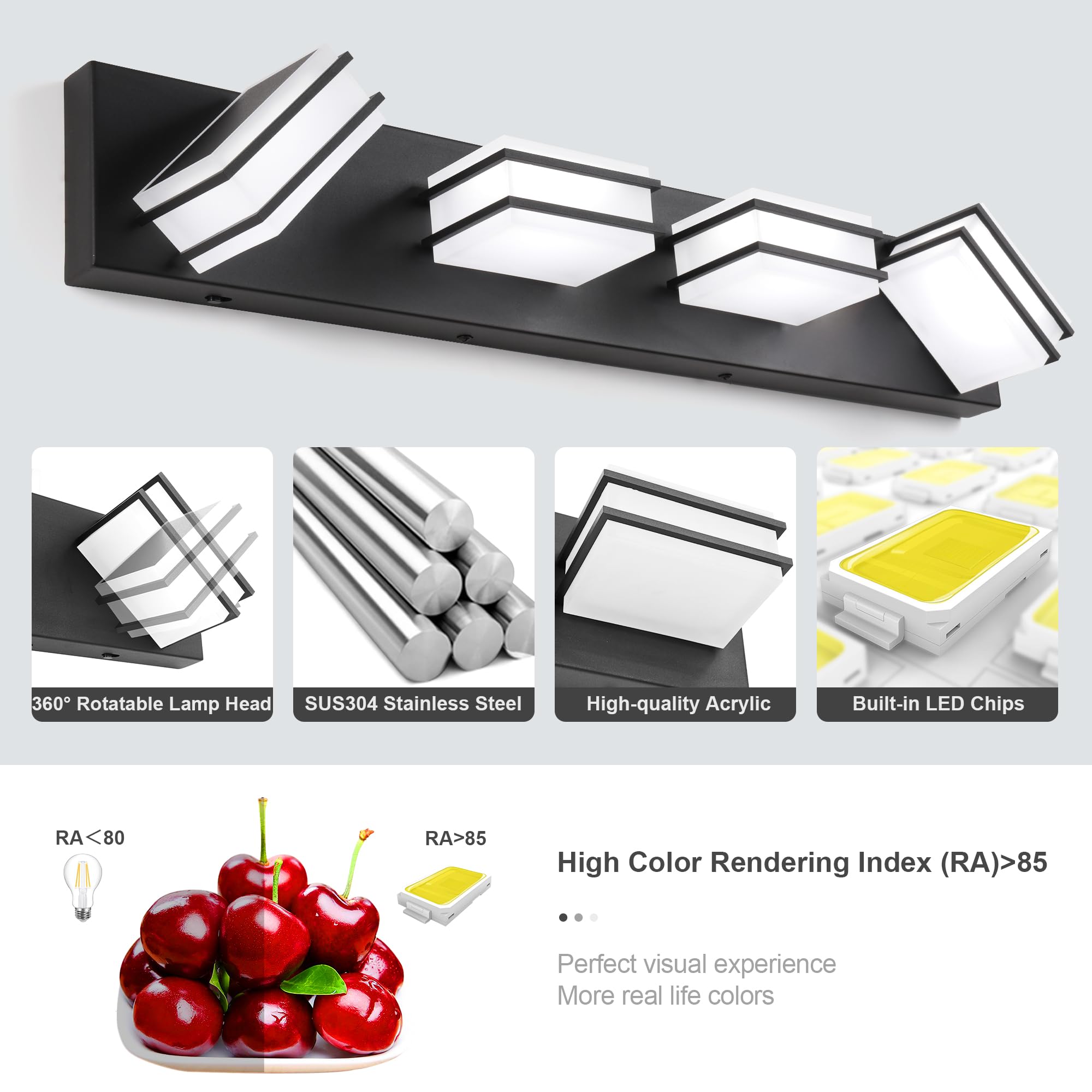 3-Color Temperature Dimmable LED Bathroom Vanity Light Fixture - Black 4-Light Over Mirror Lighting with Acrylic Stainless Steel Square Shade - ETL Certified for Bathroom, Bedroom & Dressing Room Makeup Area