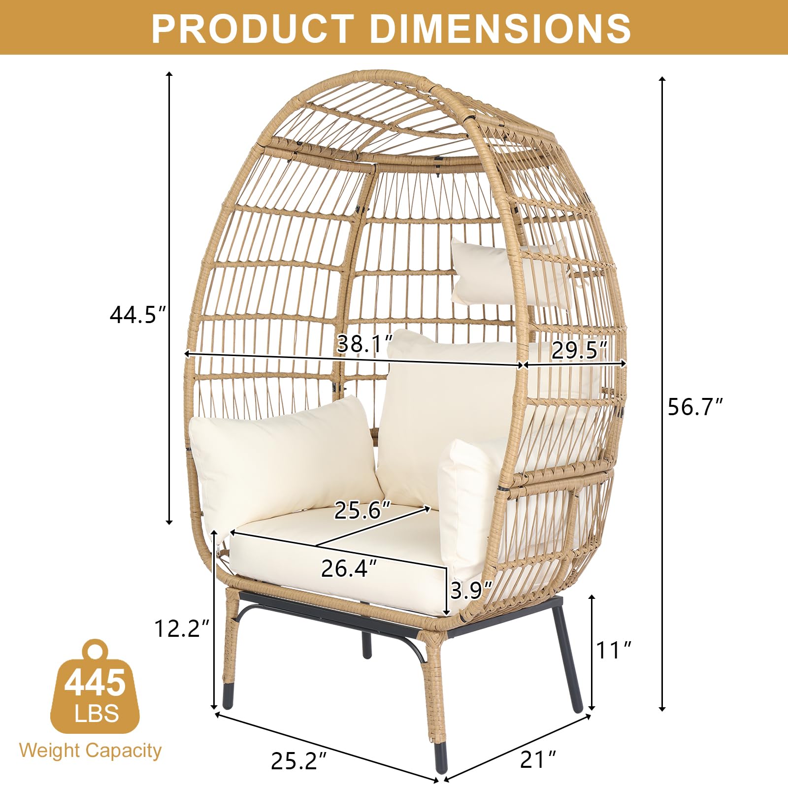 VINGLI Oversized Wicker Egg Chair with Cushions - 600lb Capacity Indoor/Outdoor Hanging Chair for Patio, Porch, Backyard, Living Room & Balcony - Perfect for Relaxing, Reading & Sunbathing (Yellow)