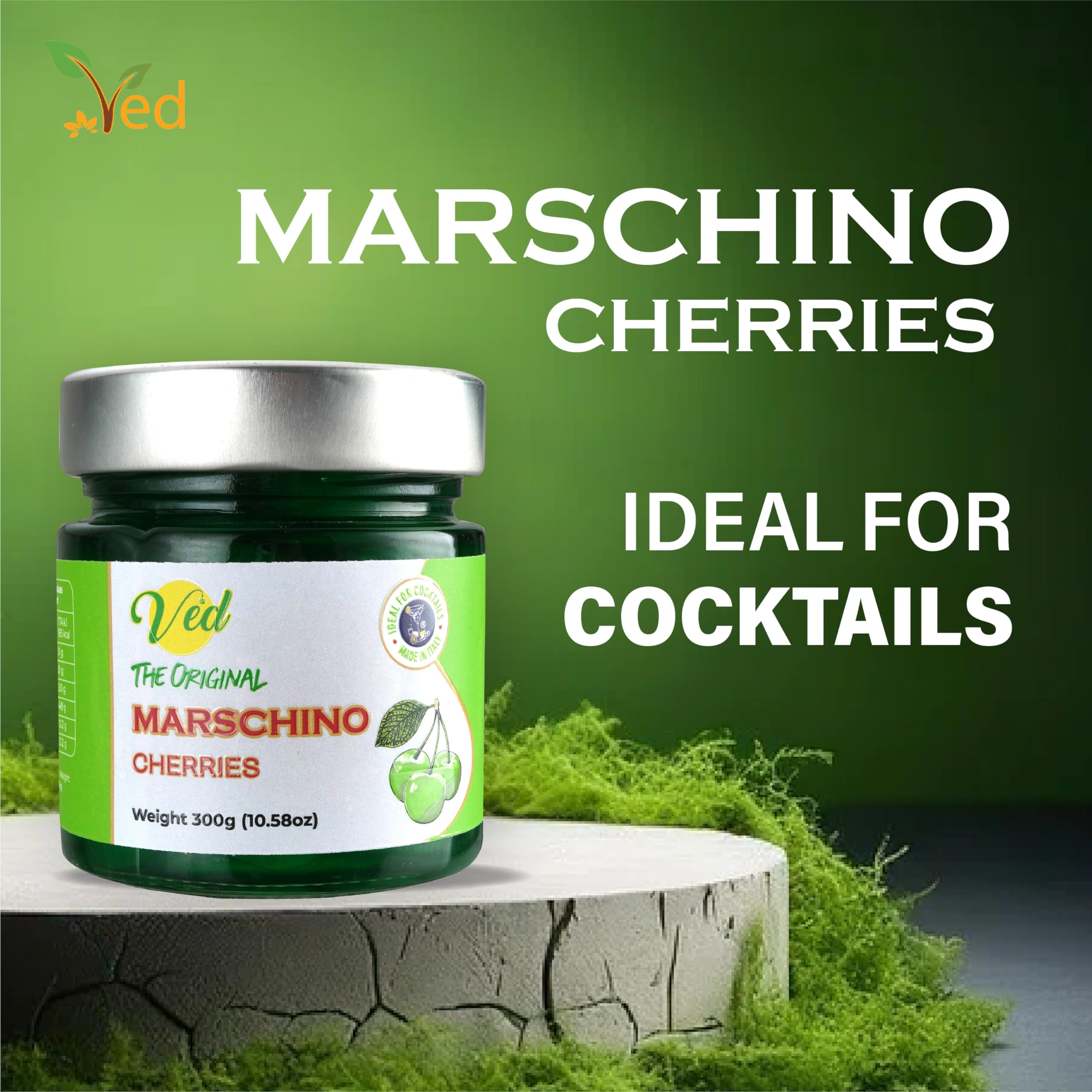 Premium Italian Green Maraschino Cherries in Natural Syrup - Vegan Cocktail Garnish for Old Fashioned, Bourbon & Whiskey Drinks - Gourmet Cherries for Baking, Desserts & Cocktail Decorations - 300g Glass Jar