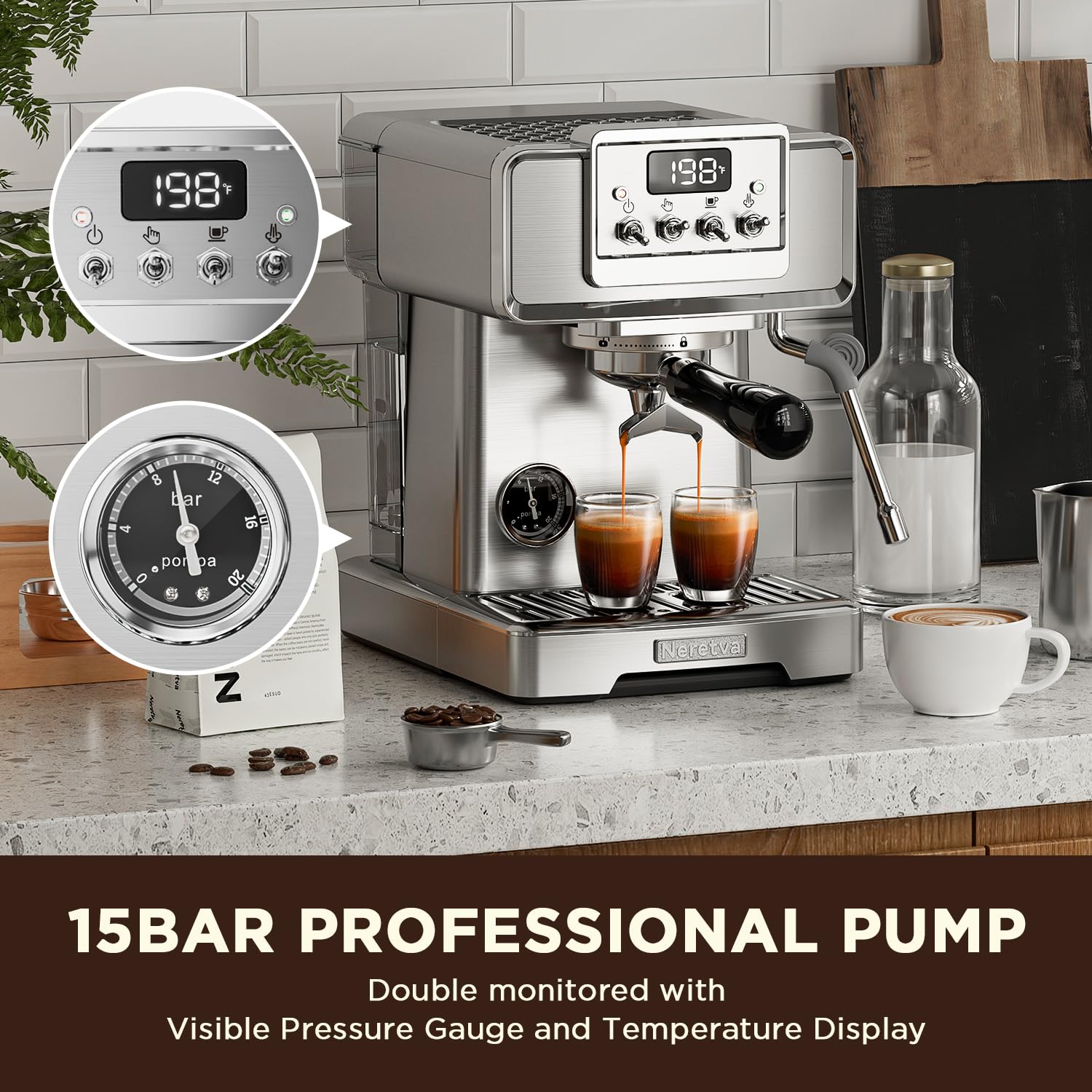 **Neretva 15Bar Espresso Coffee Machine with Pressure Gauge - Stainless Steel Instant Heating Espresso Maker for Home Baristas - Perfect for Lattes & Cappuccinos | Beginner-Friendly Coffee Machine for Home & Office Use**