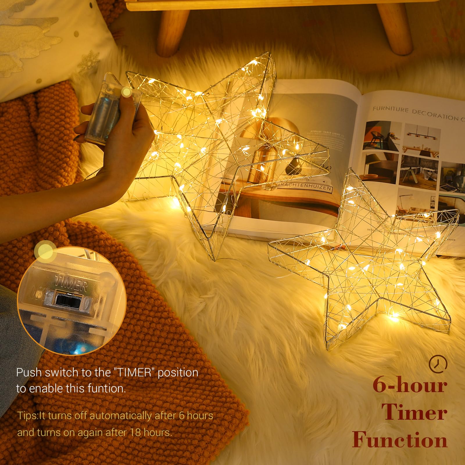 Lewondr 2-Pack Decorative Table Lamp - USB/Battery Powered Sparkling Star LED Desk Lamp with Timer, Wrought Iron Warm White Night Light for Bedroom, Nightstand, Christmas Decor (Silver) | Perfect for Bedside Reading, Holiday Decorations & Cozy Ambience