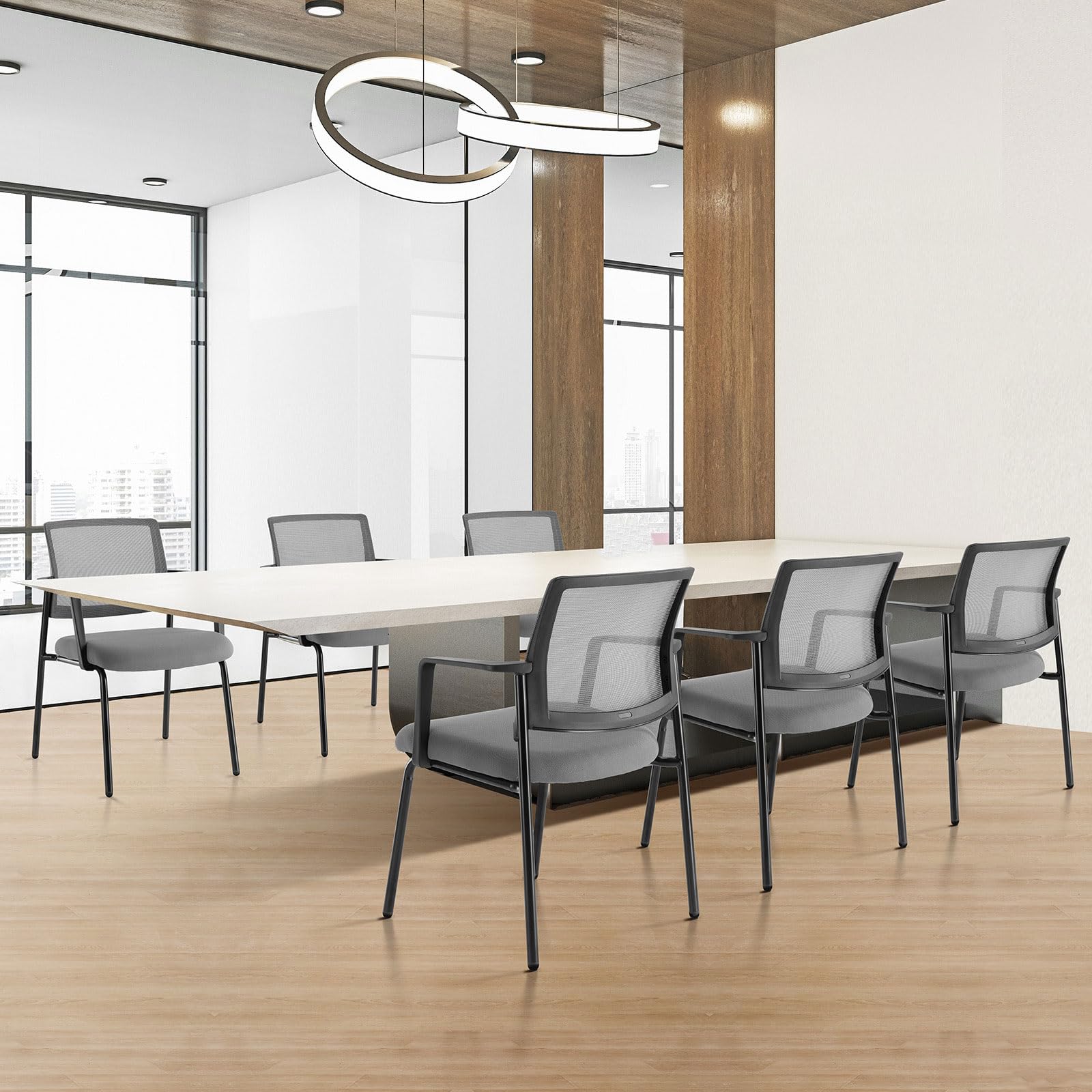 Mesh Back Stacking Arm Chairs - 4 Pack Grey Upholstered Fabric Office Guest Chairs with Ergonomic Lumbar Support & Sturdy Metal Frame | Perfect for Conference Rooms, Reception Areas, and Waiting Lounges