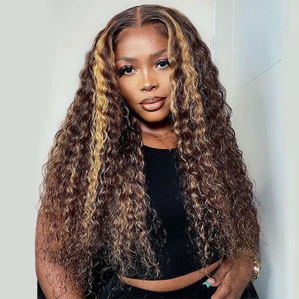 Chesma 28inch Ombre Lace Front Human Hair Wig - 13x4 HD Honey Blonde 4/27 Deep Wave Lace Frontal Wigs, Glueless Pre-Plucked with Baby Hair 180 Density - Perfect for Daily Wear, Cosplay & Special Occasions