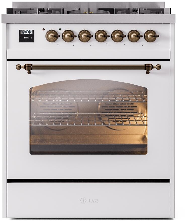 ILVE Nostalgie II 30 Inch Dual Fuel Range - White with Bronze Trim - Liquid Propane Gas Stove for Professional Kitchens & Home Chefs | Perfect for Gourmet Cooking, Baking & Entertaining