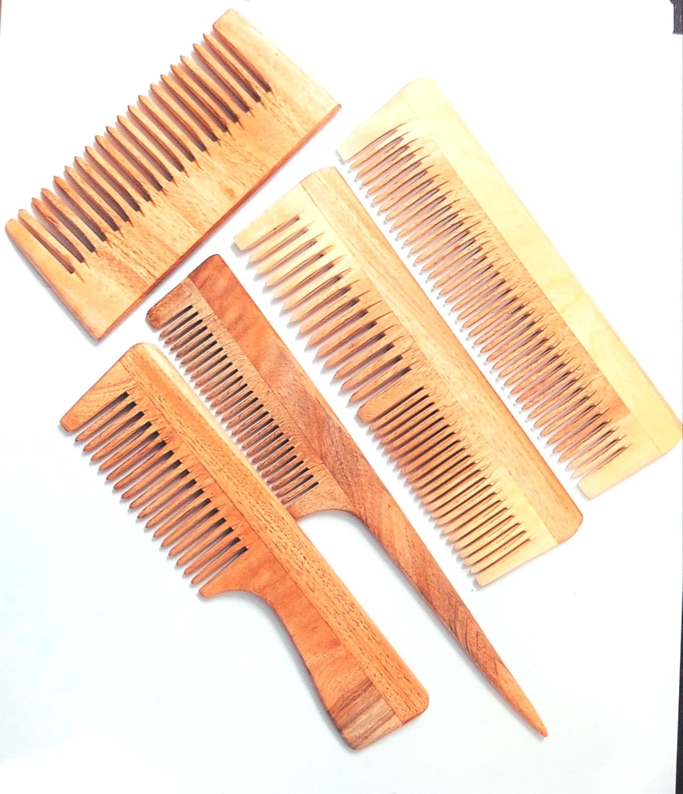 WITSOUL Neem Wood Comb Set of 5 - Anti Dandruff Hair Brush for Men & Women - Natural Brown Wooden Comb for Scalp Massage & Healthy Hair - Perfect for Daily Grooming, Travel & Ayurvedic Hair Care