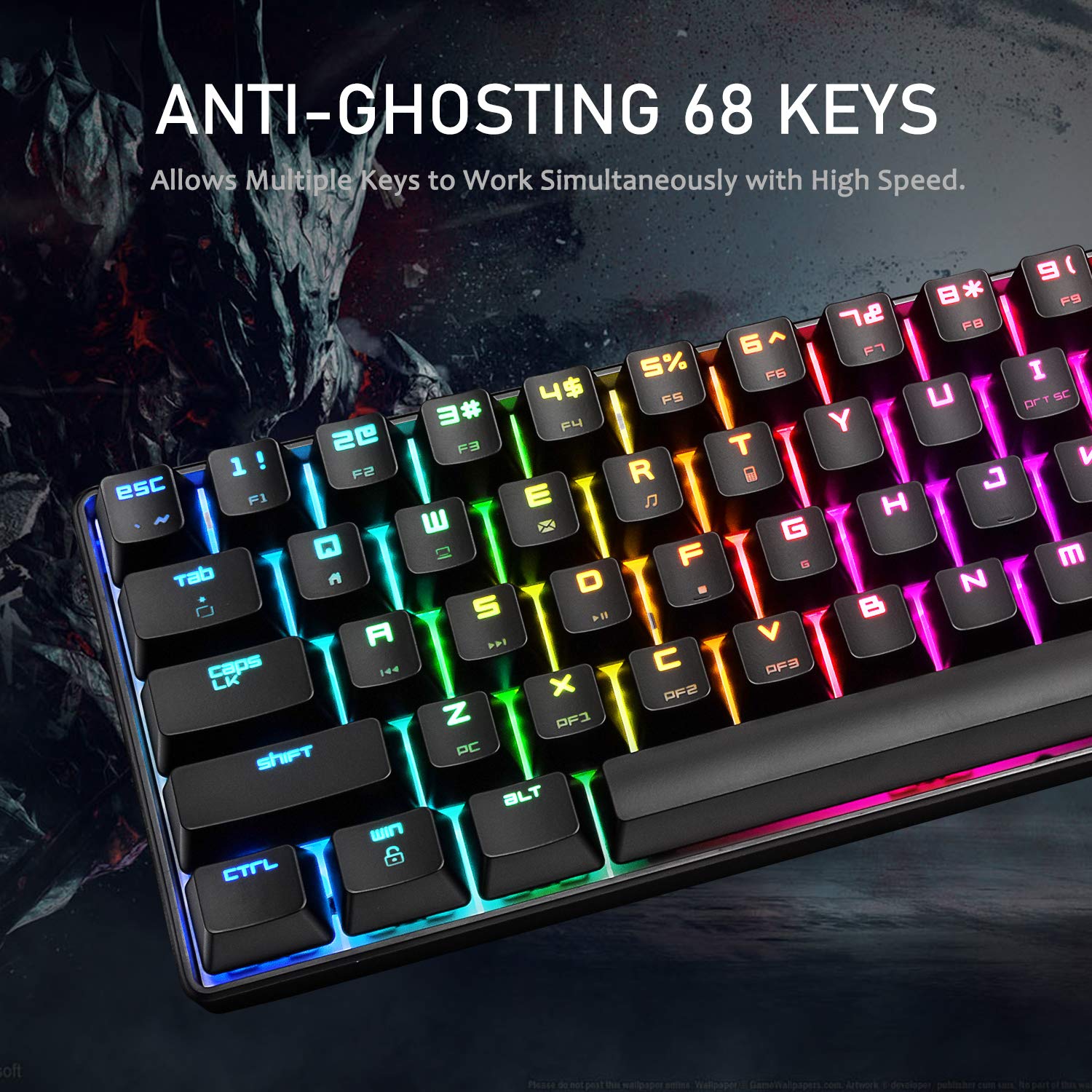 60% RGB Mechanical Gaming Keyboard - 68 Keys, USB Type-C, Waterproof for PC Gamers