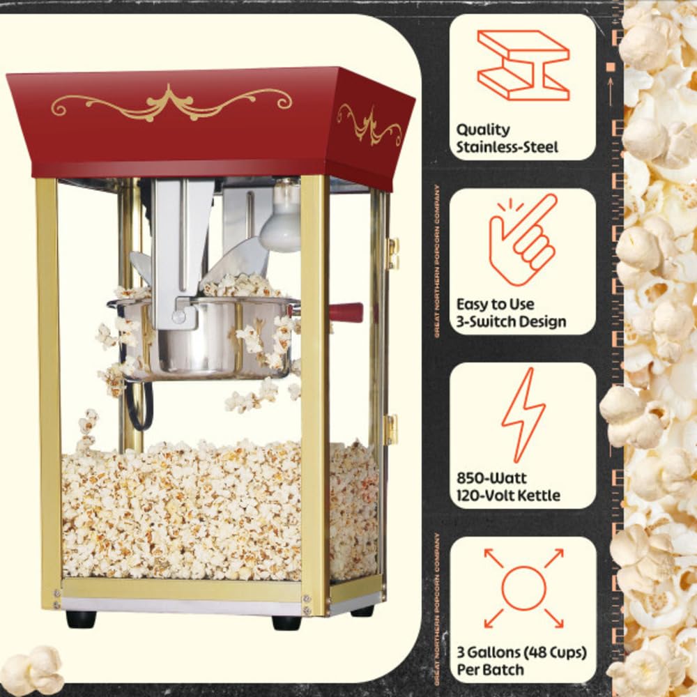 Great Northern Popcorn Matinee 8oz Popcorn Machine with Stainless Steel Kettle - Red Commercial Popcorn Popper with Reject Kernel Tray, Warming Light & Accessories for Movie Nights, Parties & Home Theater Snacks