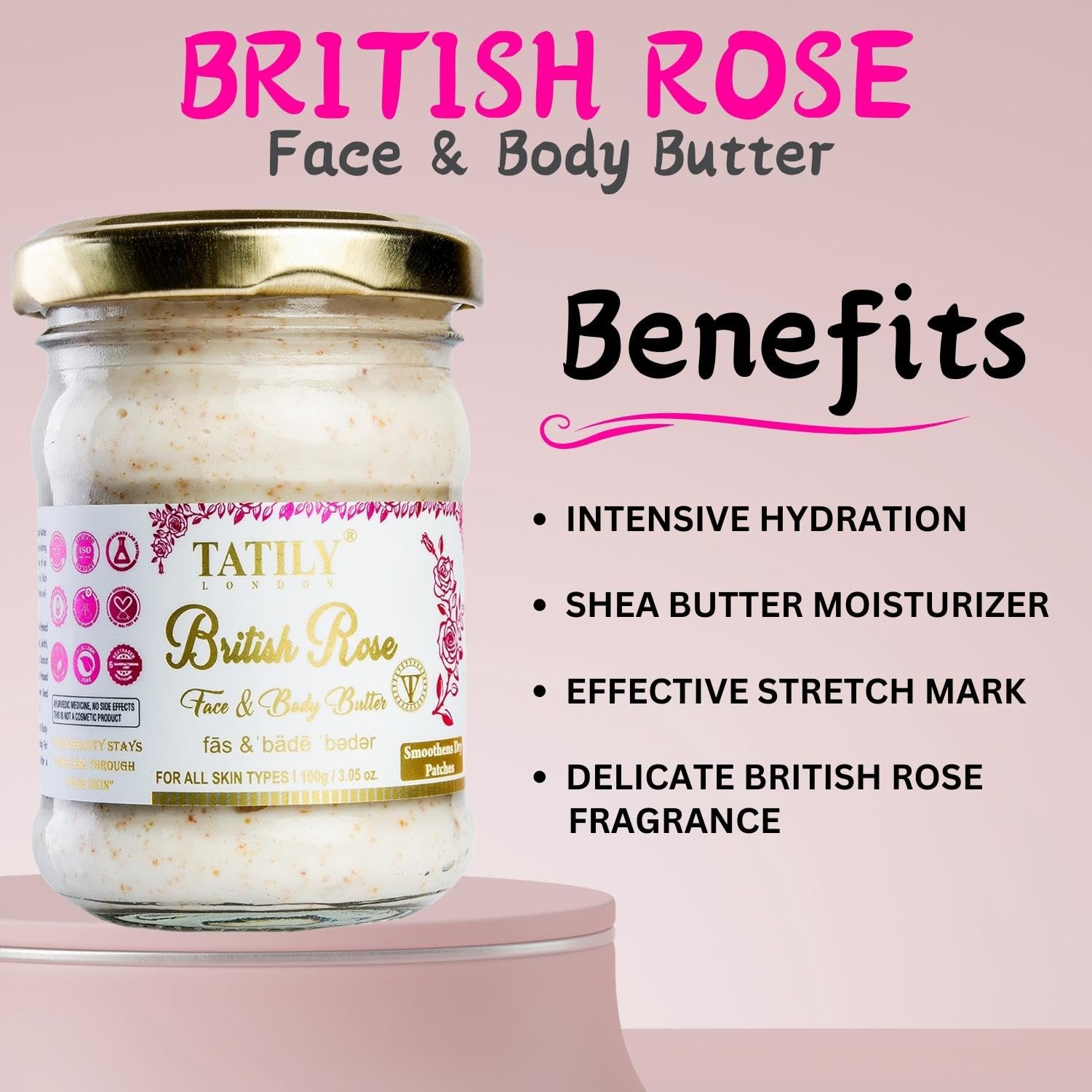 Tatily London British Rose Face & Body Butter for Very Dry Skin - Nourishing Shea Butter Moisturizer with Sunflower Seed Oil & Glycerin - Helps Reduce Stretch Marks - Suitable for Women & Men - 100g - Perfect for Daily Hydration & Skin Repair