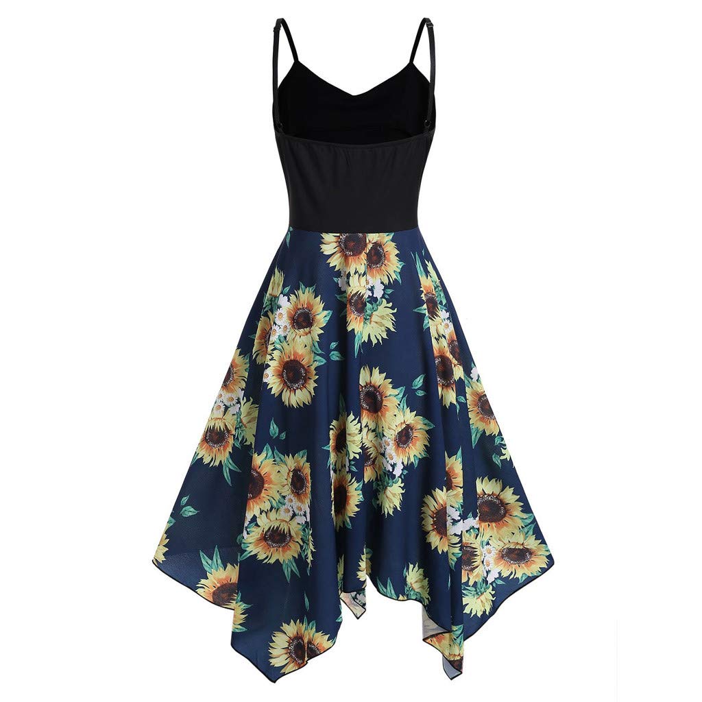 iQKA Women's Sunflower Print Mini Dress - Plus Size Asymmetric Camis Summer Beach Dress for Vacation, Pool Party & Casual Outings