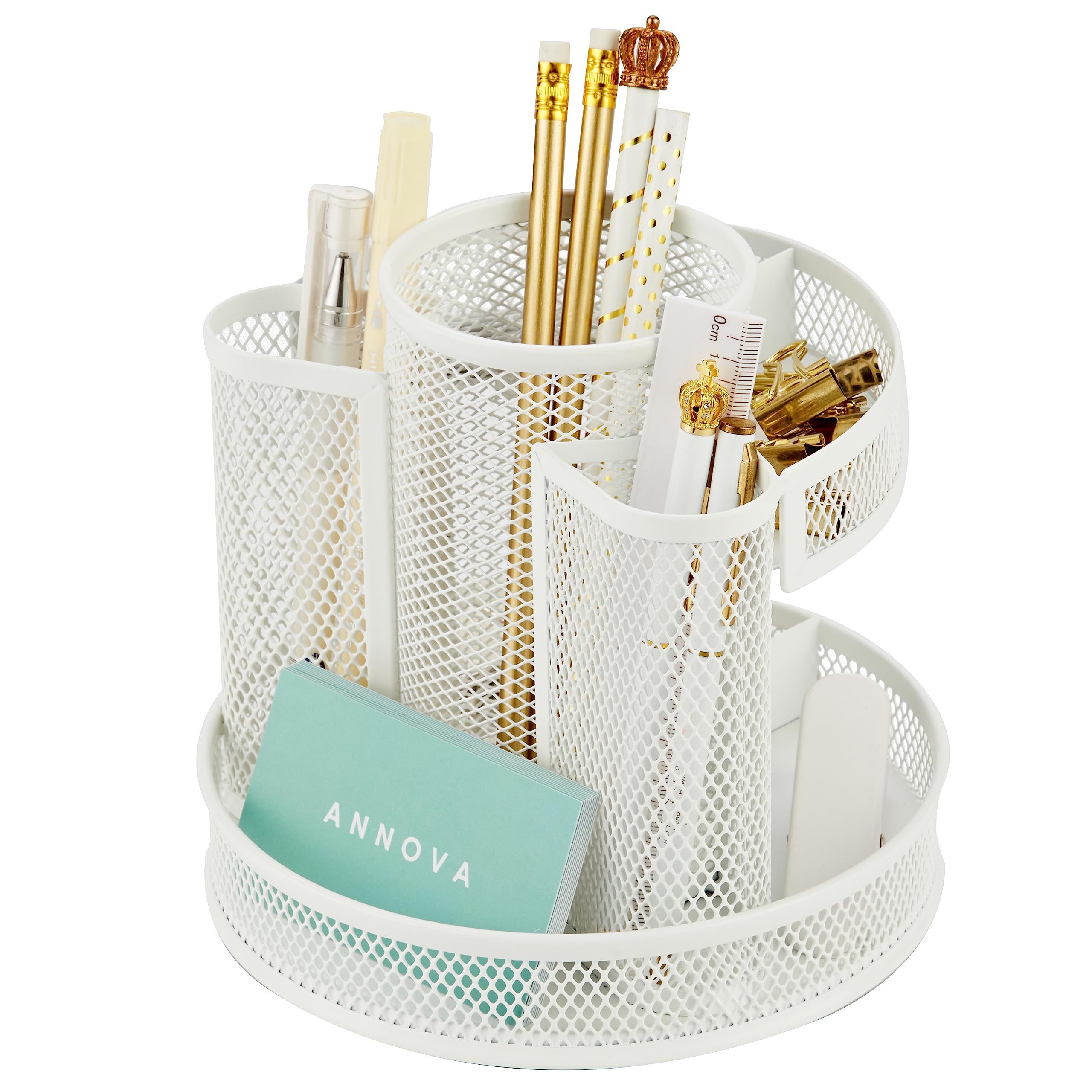 Annovo 6-Compartment Rotating Mesh Desk Organizer - Spinning Round Pen & Candy Holder for Office, Art Supplies, Storage | Perfect for Classroom, Home & Workspace (White)