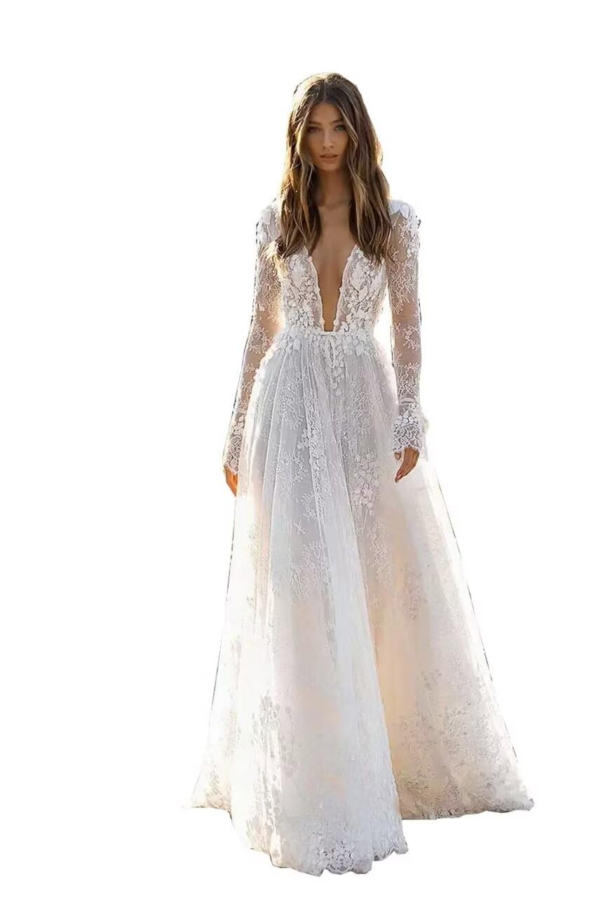 Elegant Long Sleeve Tulle Wedding Dress with Lace Appliques - Boho Bridal Gown for Women | Perfect for Beach, Garden & Vintage Theme Weddings