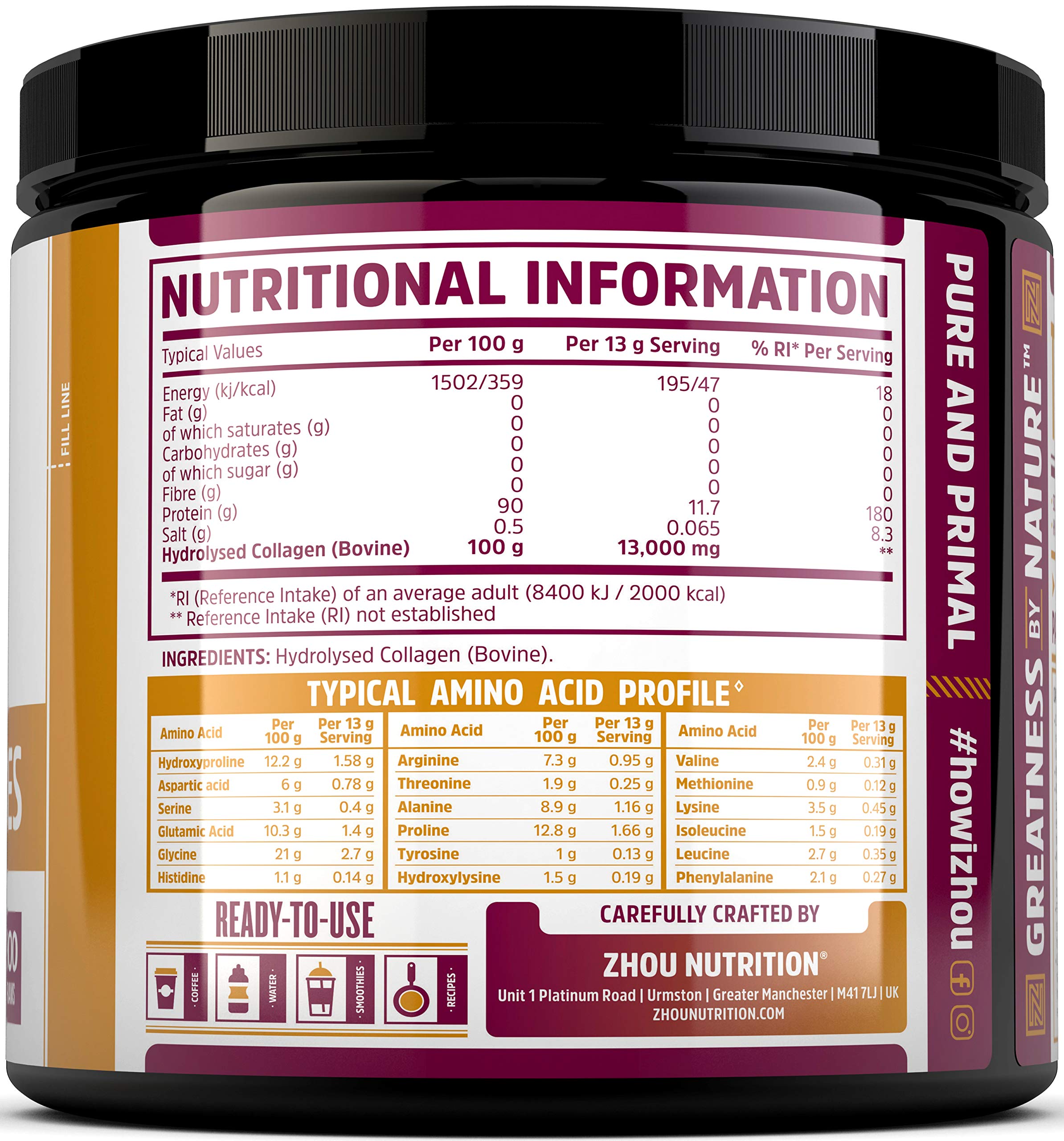 Premium Hydrolyzed Collagen Peptides Powder 500g - Grass-Fed Bovine Collagen Protein Supplement for Hair Growth, Skin Elasticity & Nail Strength - Hormone-Free, Rich in Amino Acids - Ideal for Smoothies, Coffee & Post-Workout Recovery - Zhou Nutrition