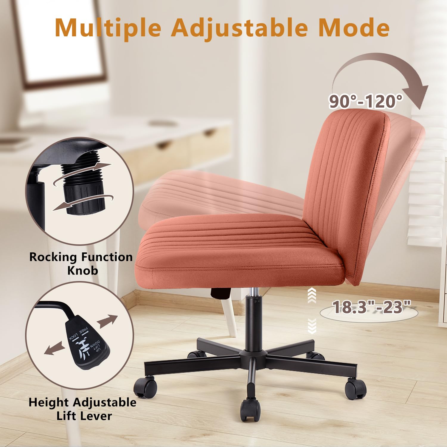 Criss Cross Chair with Wheels - Armless Cross Legged Office Vanity Chair - Comfortable Fabric Wide Swivel Desk Chair for Home Office - Adjustable Vanity Chair with Back Support - Brown - Perfect for Workstations, Makeup Tables & Small Spaces