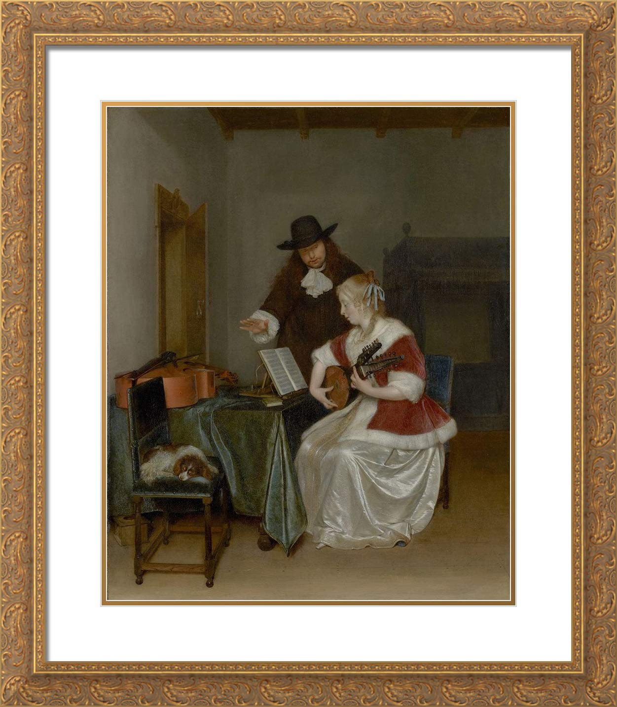 The Music Lesson by Gerard Ter Borch - 28x32 Inch Large Gold Ornate Framed Art Print with Double Matting | Museum Quality Wall Decor for Living Room, Bedroom, or Office