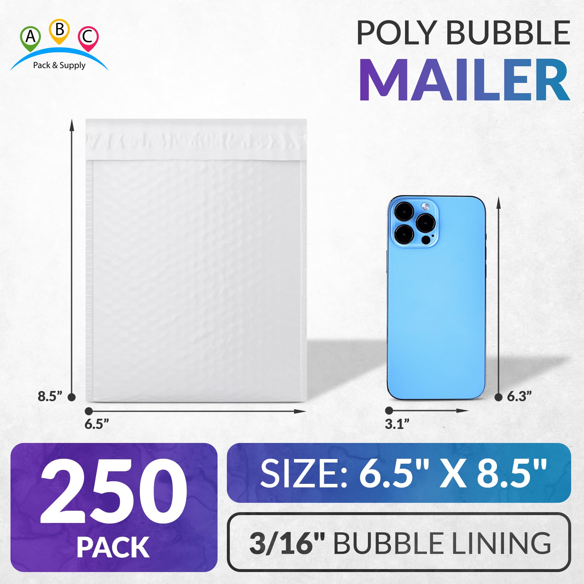 ABC 6.5x8.5 Inch White Poly Bubble Mailers - Pack of 250 Waterproof Padded Envelopes for Shipping, Tear-Resistant Mailing Bags - Perfect for Ecommerce, Small Packages & Document Protection