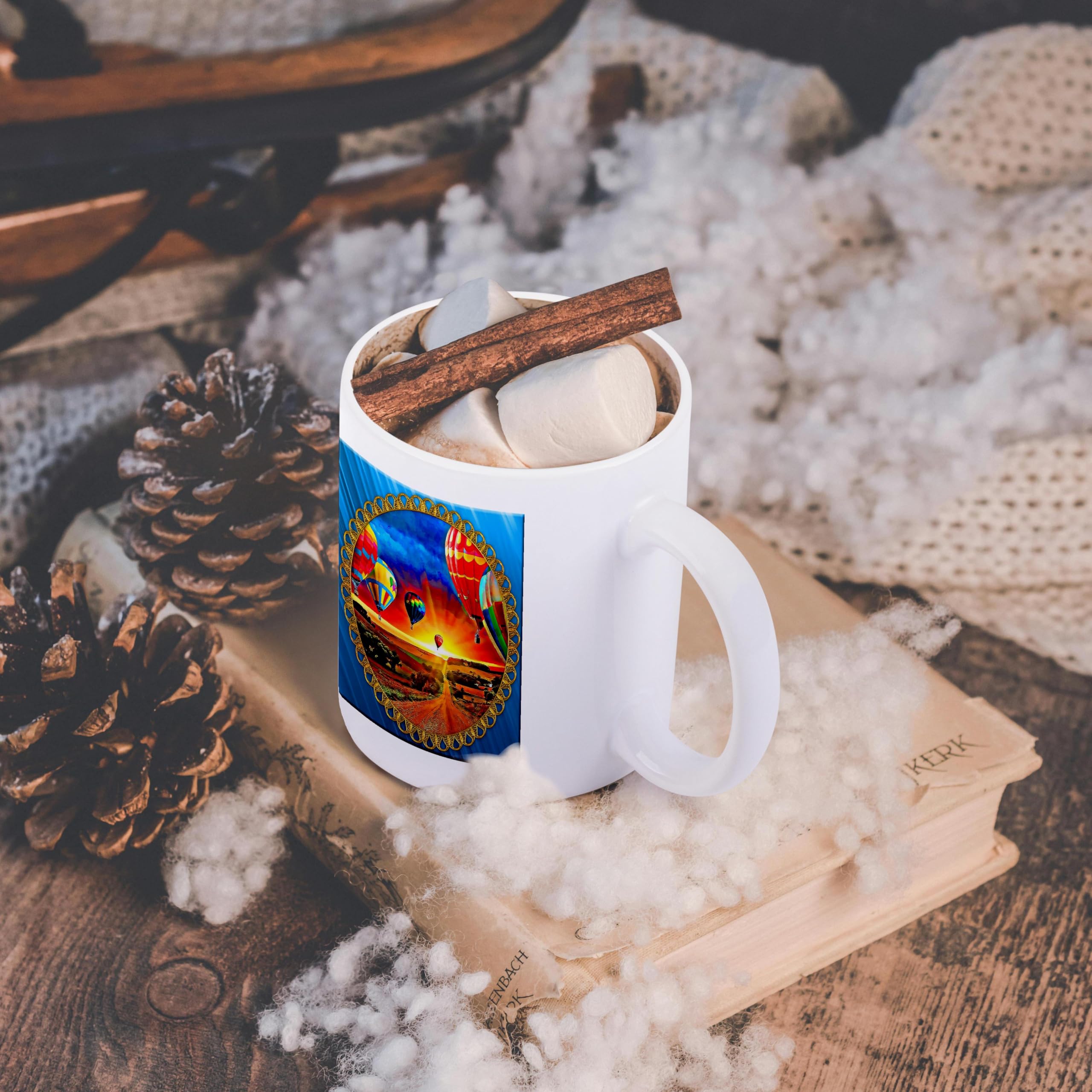 3D Rose Hot Air Balloons & Beautiful Sky Ceramic Mug - 11 oz Blue Jewel Frame Coffee Cup - Perfect for Home, Office & Gift Giving