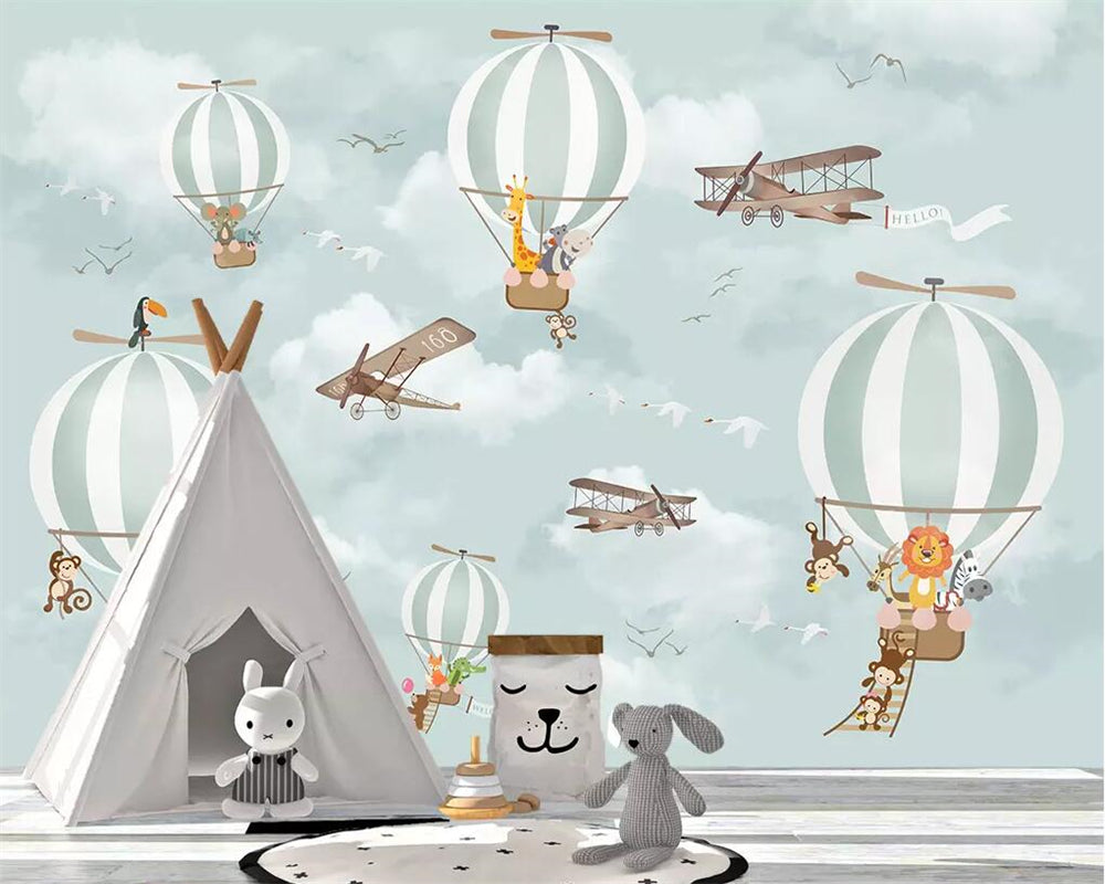 Animals Flying on Hot Air Balloons Sky Nursery Wallpaper - Adorable Baby Room Decor for Boys & Girls