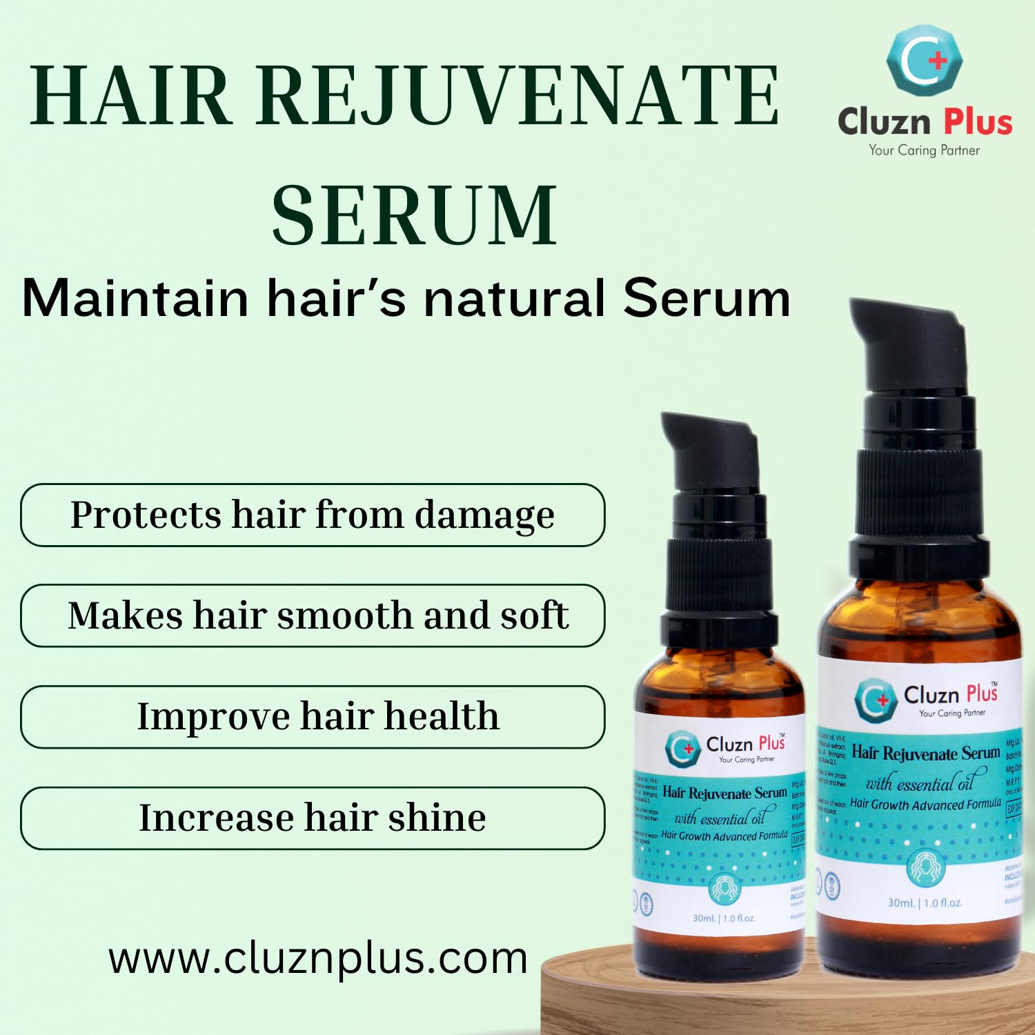 Cluzn Plus Hair Rejuvenate Serum for Women & Girls - 30ml | Essential Oil Enriched with Advanced Hair Growth Formula | Organic Treatment for Hair Loss | Promotes Healthy, Shiny Hair Growth | Perfect for Daily Scalp Care & Thinning Hair Solutions