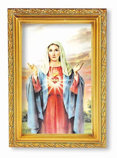 Immaculate Heart of Mary Framed Wall Art - Antique Gold Leaf Finish with Acanthus Leaf Design - Catholic Home Decor for Living Room, Bedroom & Prayer Space