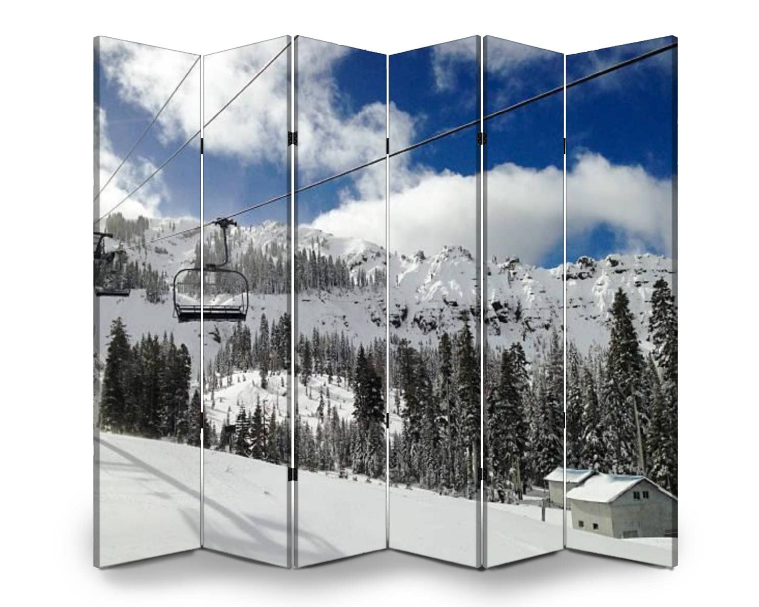 Wooden Screen Room Divider - Ski Slopes Folding Privacy Partition with Dual-Sided Canvas Panels (6 Panels) - Perfect for Home Office, Bedroom Separation & Indoor Decoration
